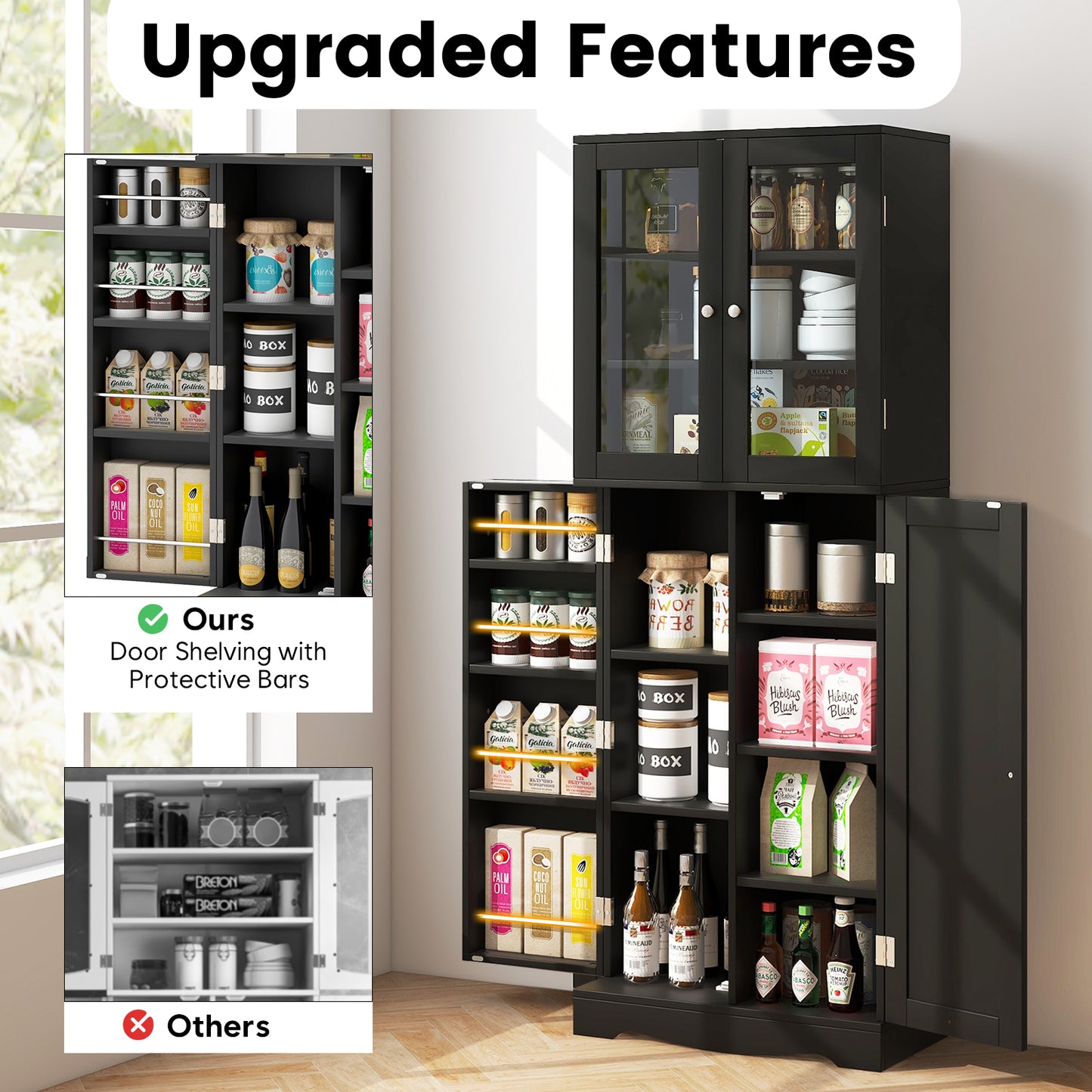 Modern Tall Pantry Cabinet with Glass Doors Adjustable Storage and Interior Shelving - Black