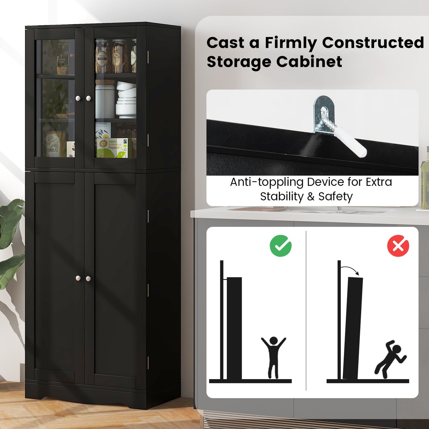 Modern Tall Pantry Cabinet with Glass Doors Adjustable Storage and Interior Shelving - Black
