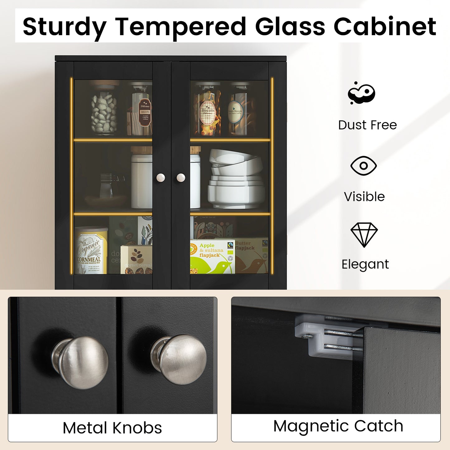Modern Tall Pantry Cabinet with Glass Doors Adjustable Storage and Interior Shelving - Black