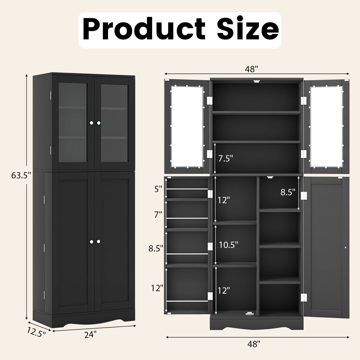 Modern Tall Pantry Cabinet with Glass Doors Adjustable Storage and Interior Shelving - Black