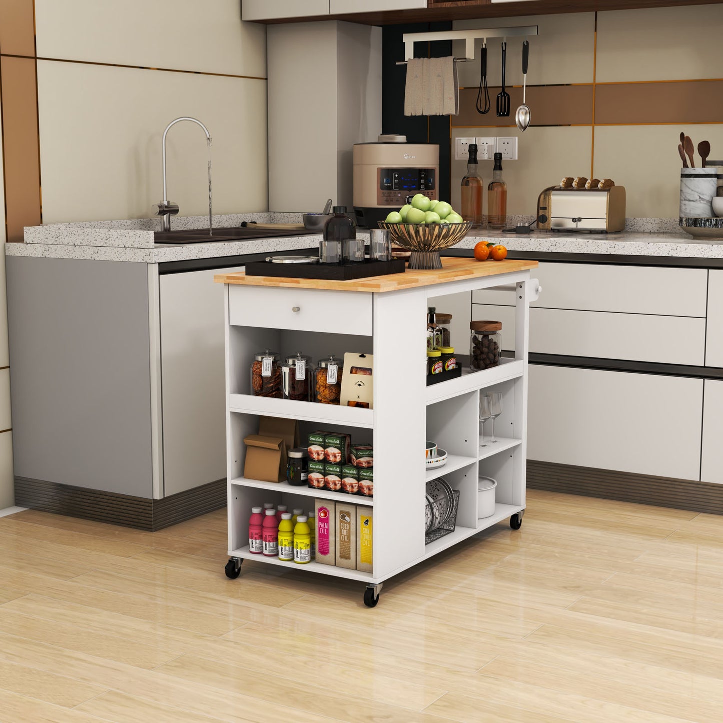 Mobile Kitchen Island Cart with Storage Drawer and Open Shelves on Wheels