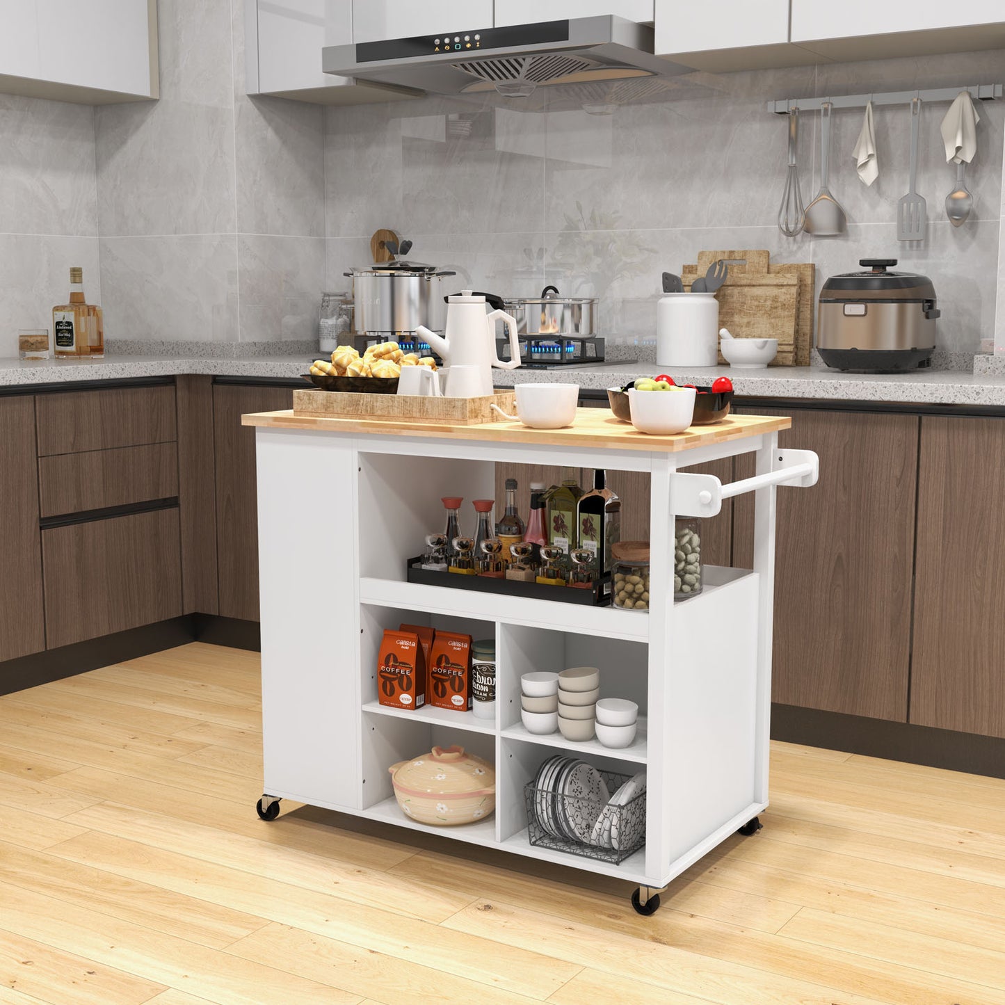 Mobile Kitchen Island Cart with Storage Drawer and Open Shelves on Wheels