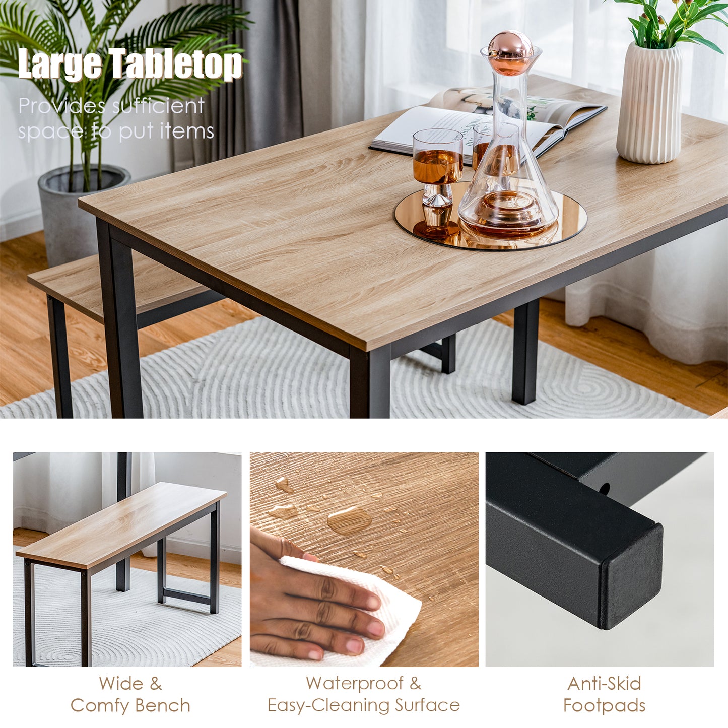 3 Piece Dining Table Set with Wood Table and Benches for Kitchen or Dining Room - Natural