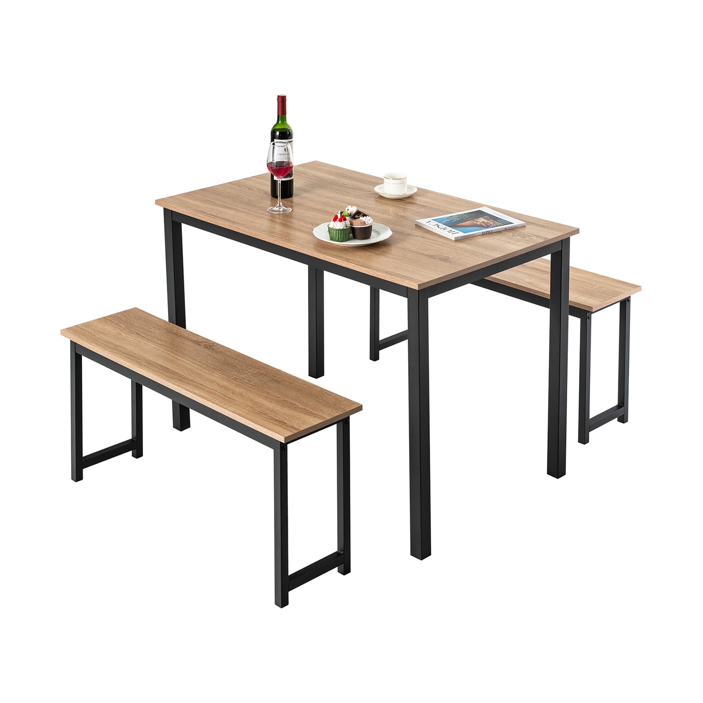 3 Piece Dining Table Set with Wood Table and Benches for Kitchen or Dining Room - Natural