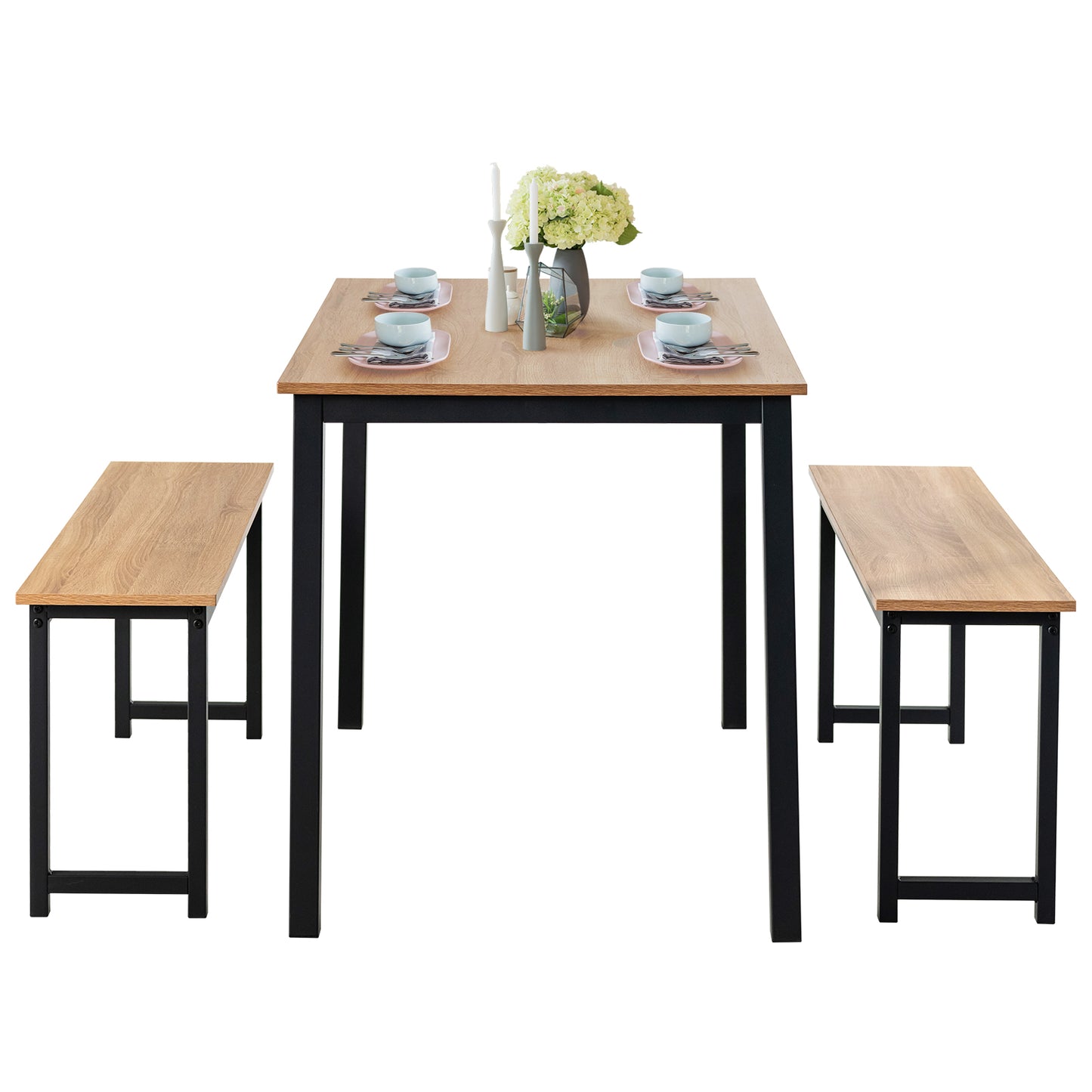 3 Piece Dining Table Set with Wood Table and Benches for Kitchen or Dining Room - Natural