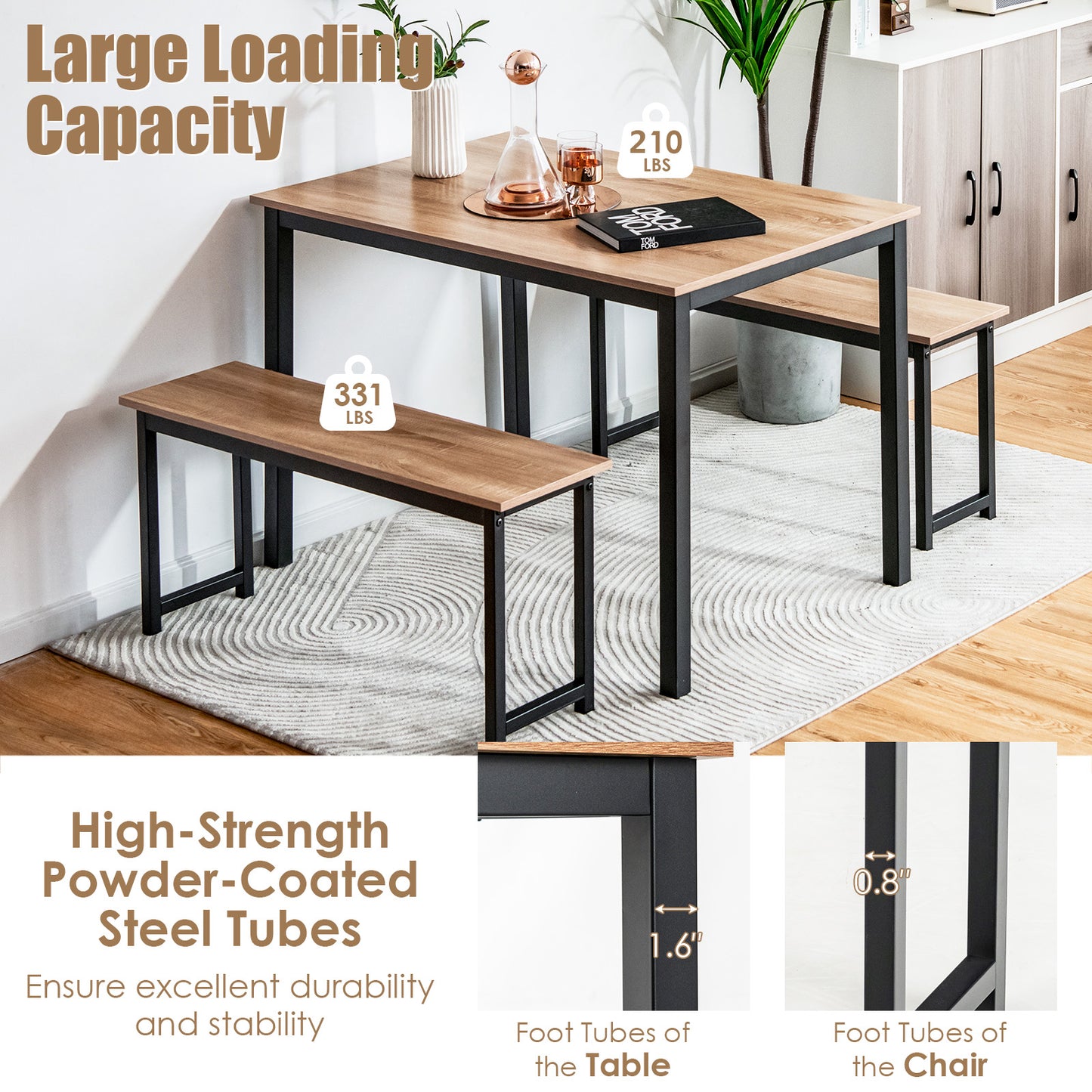 3 Piece Dining Table Set with Wood Table and Benches for Kitchen or Dining Room - Natural