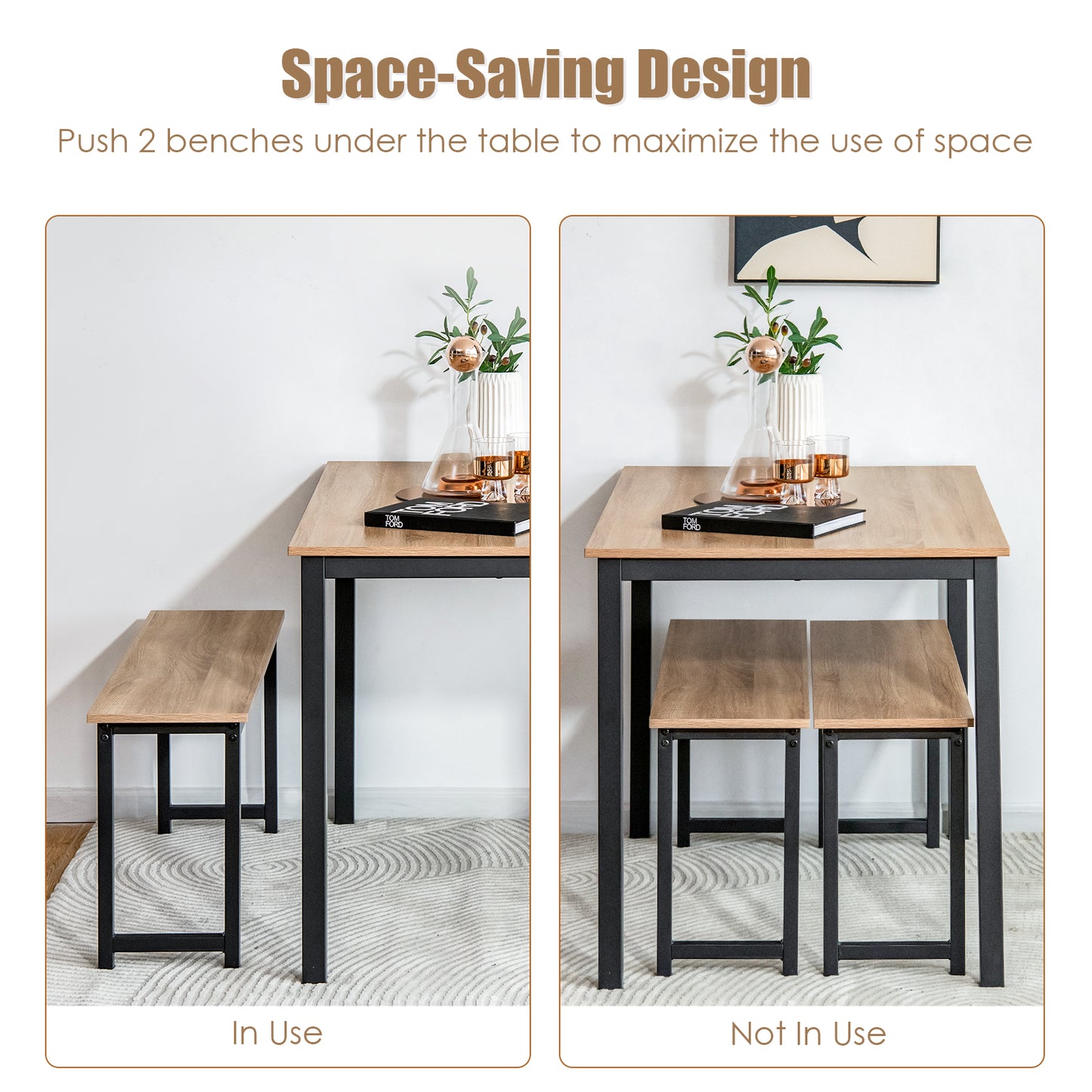 3 Piece Dining Table Set with Wood Table and Benches for Kitchen or Dining Room - Natural
