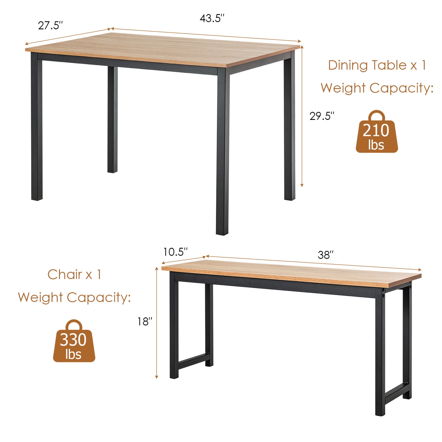 3 Piece Dining Table Set with Wood Table and Benches for Kitchen or Dining Room - Natural