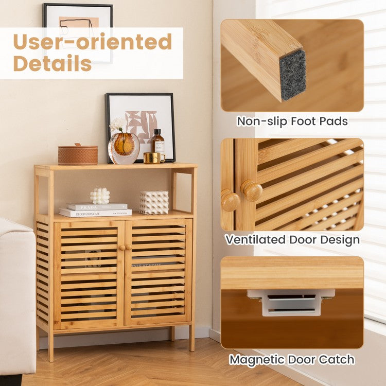 Natural Bamboo Freestanding Storage Cabinet with Slatted Doors for Bathroom