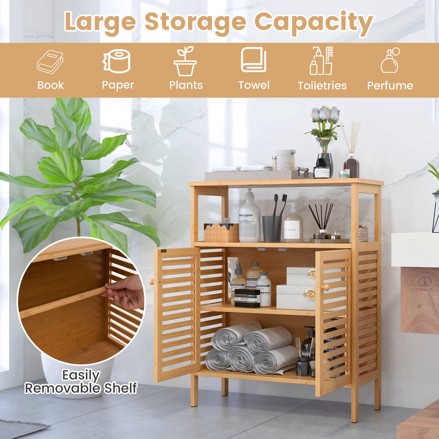 Natural Bamboo Freestanding Storage Cabinet with Slatted Doors for Bathroom