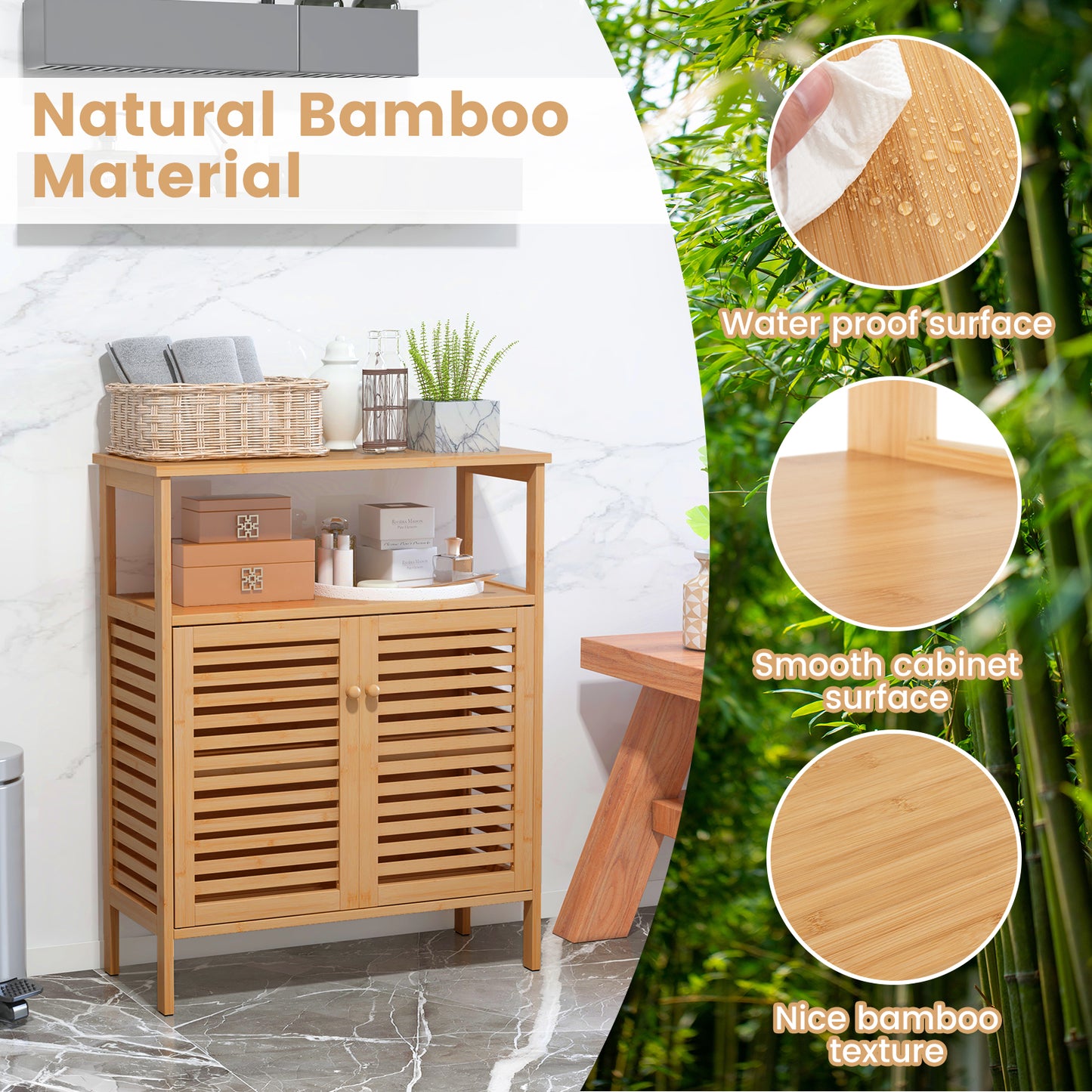 Natural Bamboo Freestanding Storage Cabinet with Slatted Doors for Bathroom