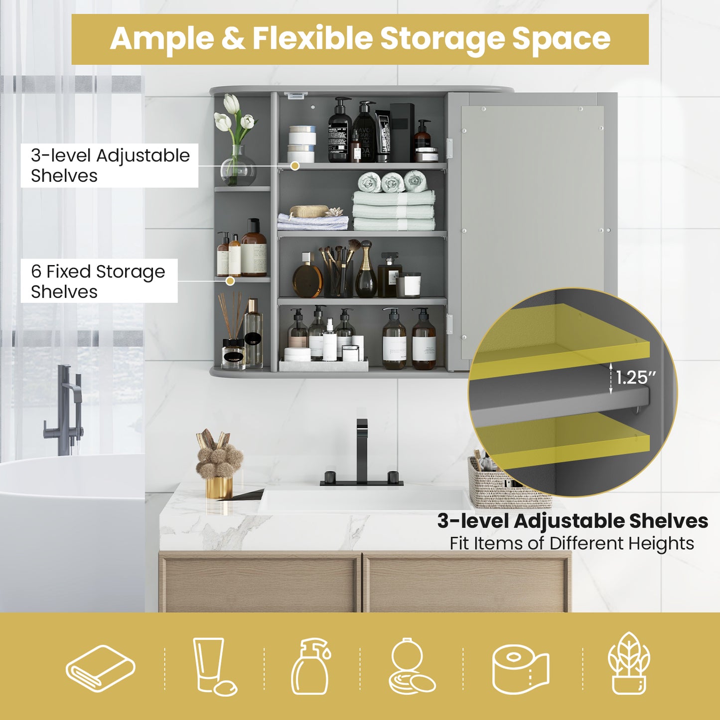 Wall-Mounted Bathroom Cabinet with Mirror, Adjustable Shelves & Ample Storage