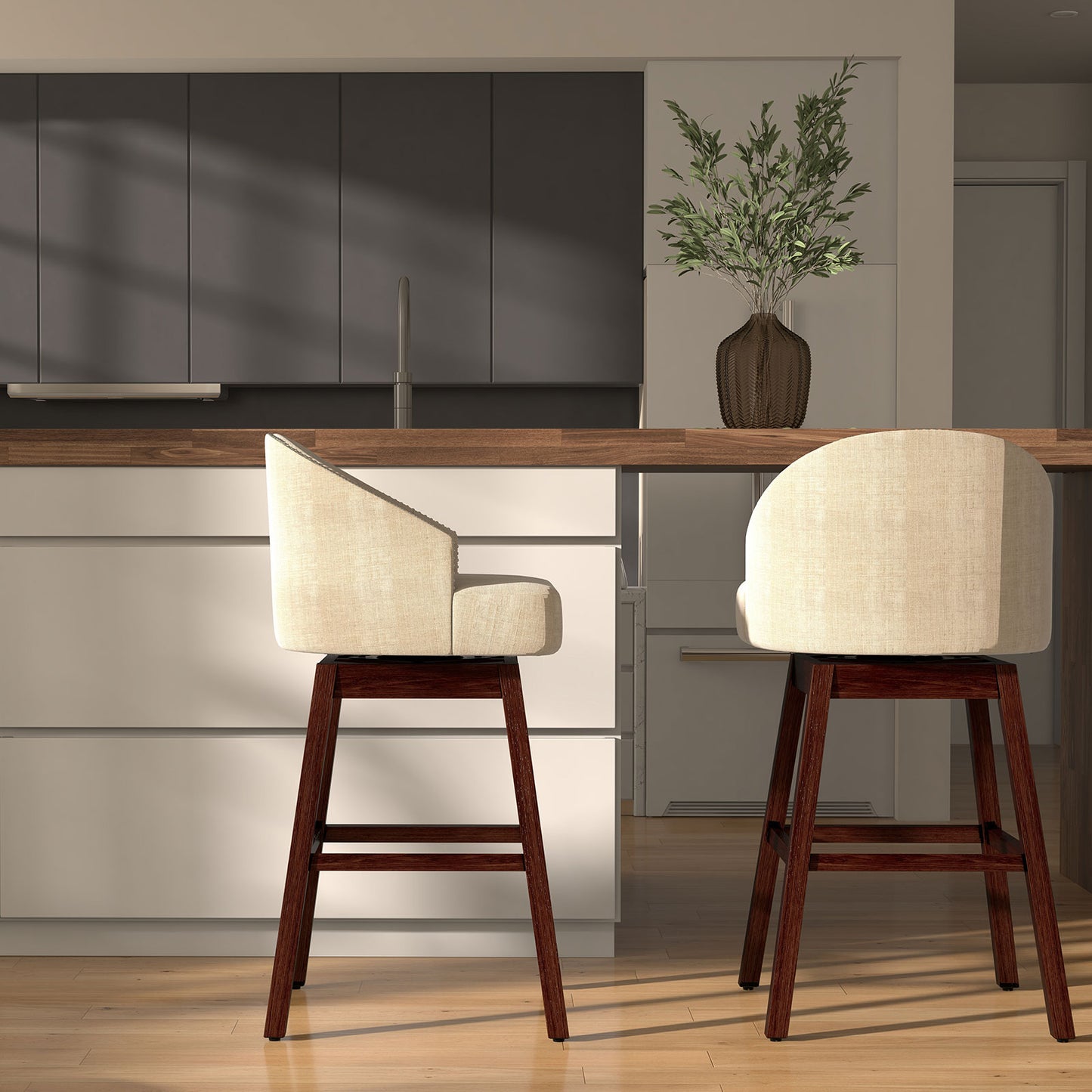 Set of 2 Swivel Bar Stools with Tufted Backrest and Rubber Wood Legs for Kitchen or Pub - Beige
