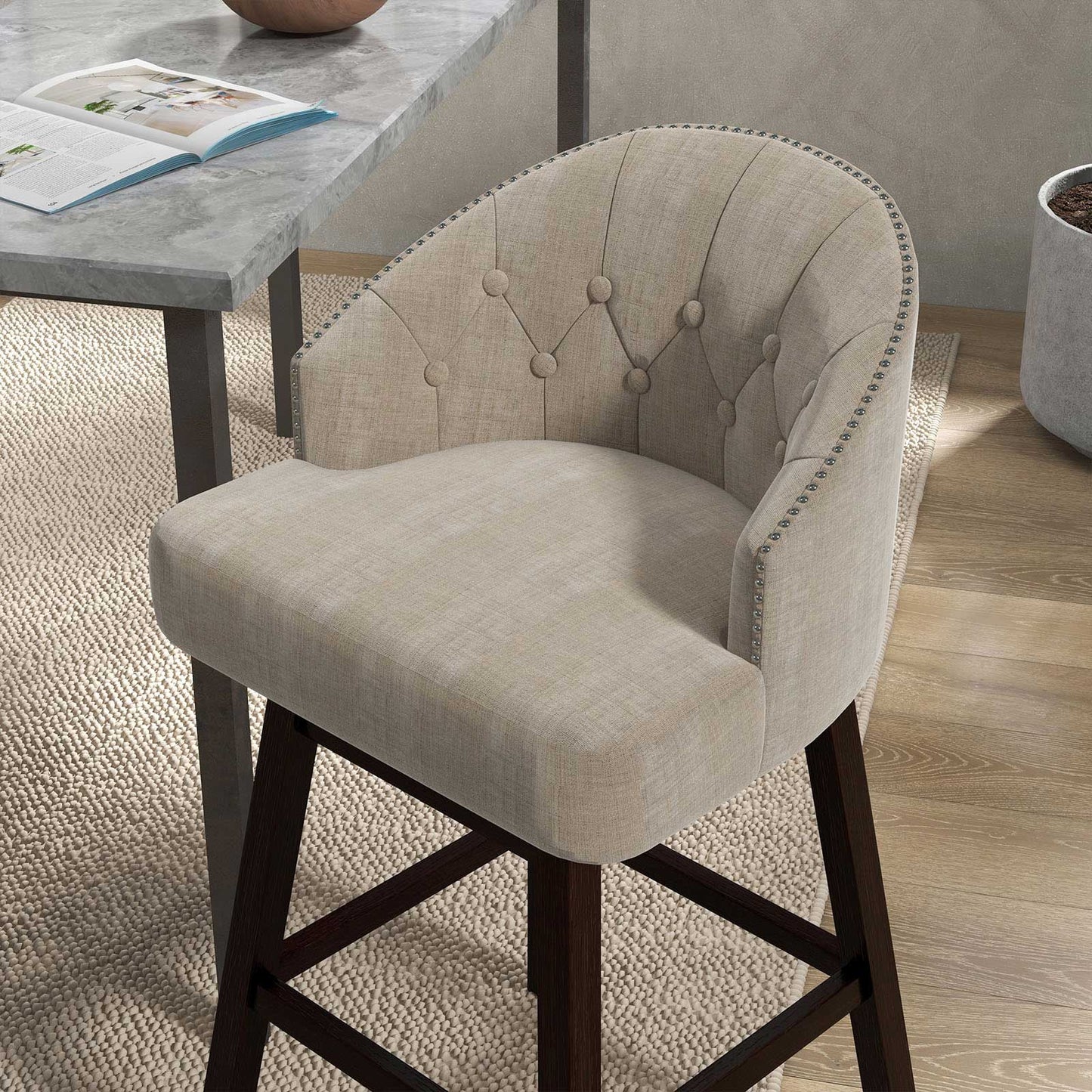 Set of 2 Swivel Bar Stools with Tufted Backrest and Rubber Wood Legs for Kitchen or Pub - Beige
