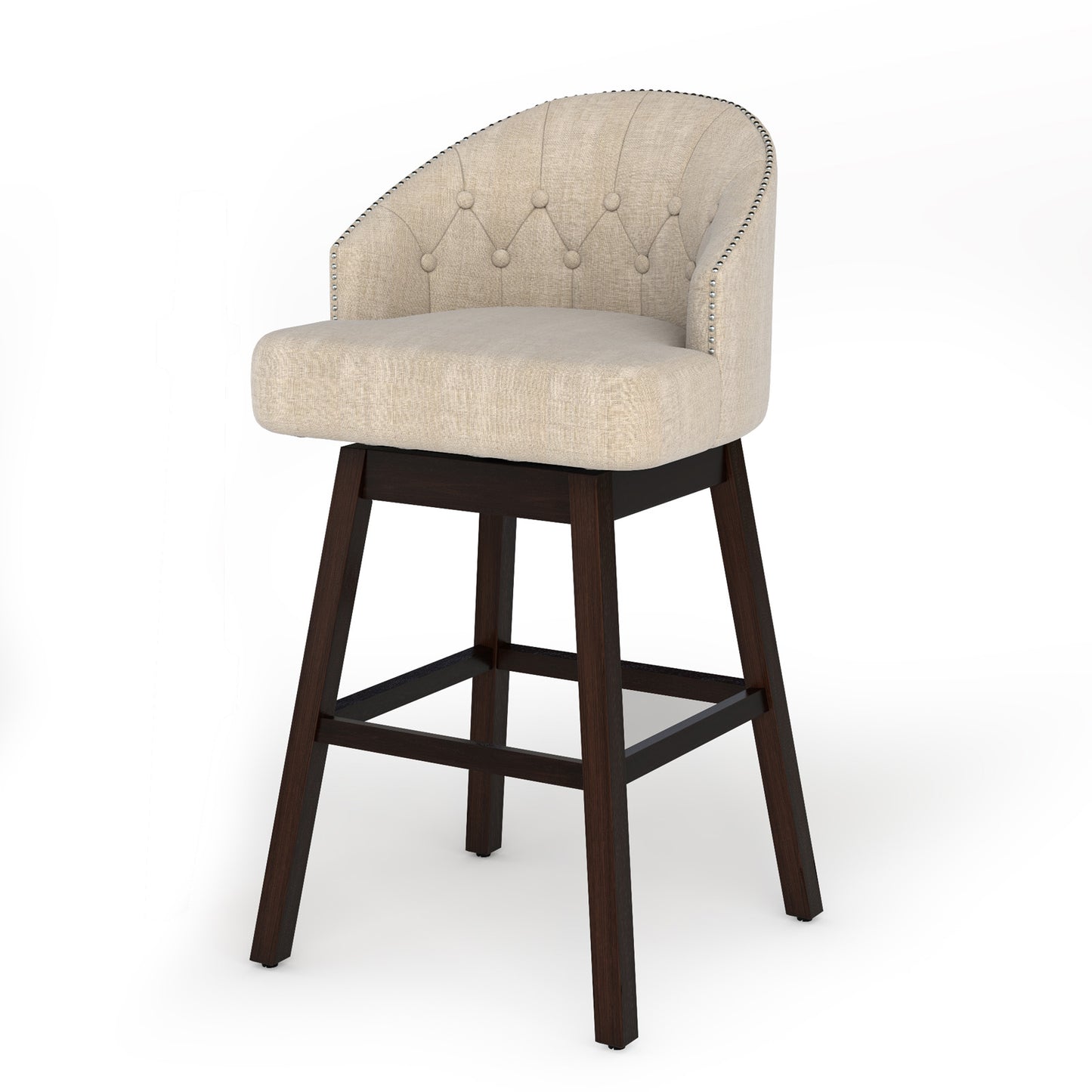 Set of 2 Swivel Bar Stools with Tufted Backrest and Rubber Wood Legs for Kitchen or Pub - Beige