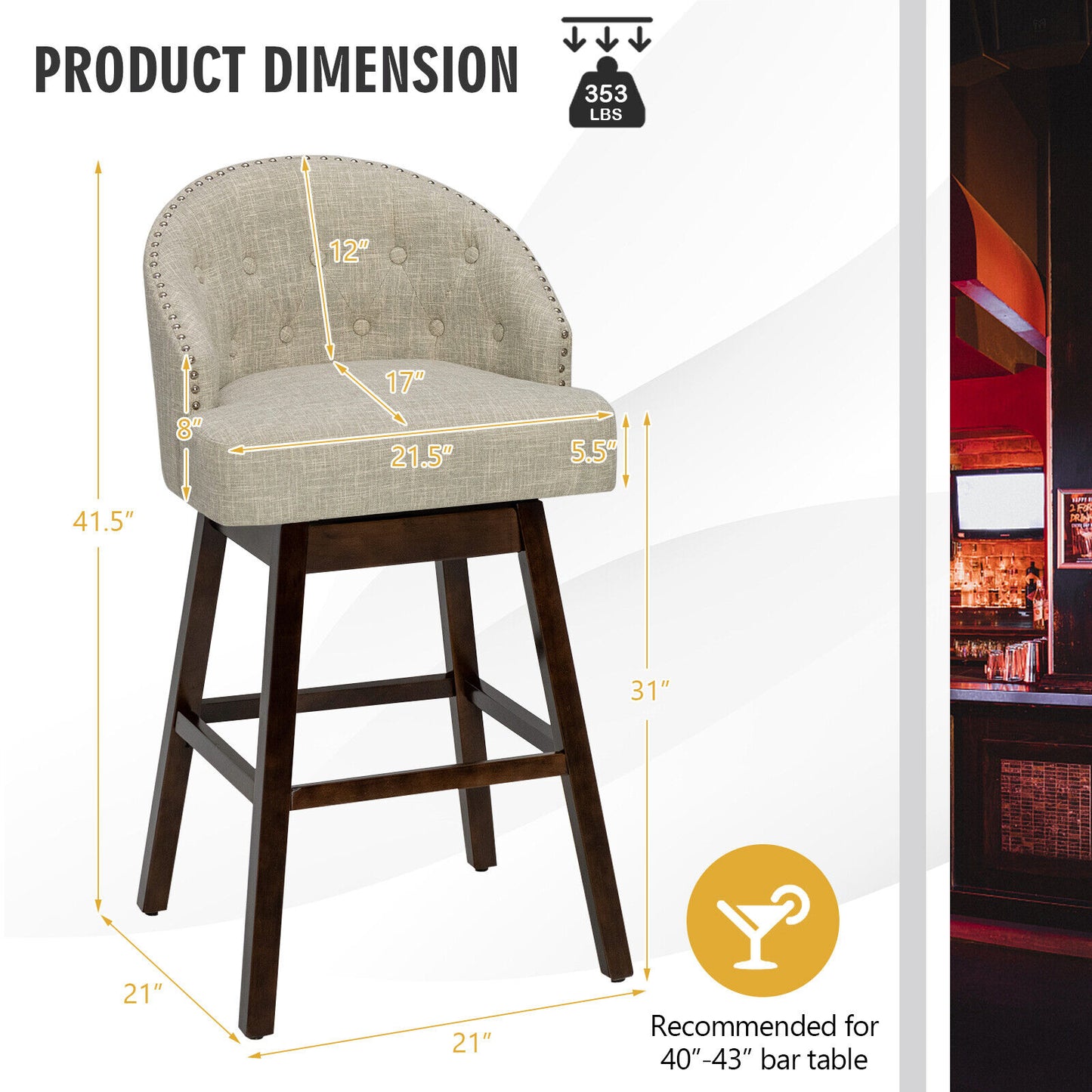 Set of 2 Swivel Bar Stools with Tufted Backrest and Rubber Wood Legs for Kitchen or Pub - Beige
