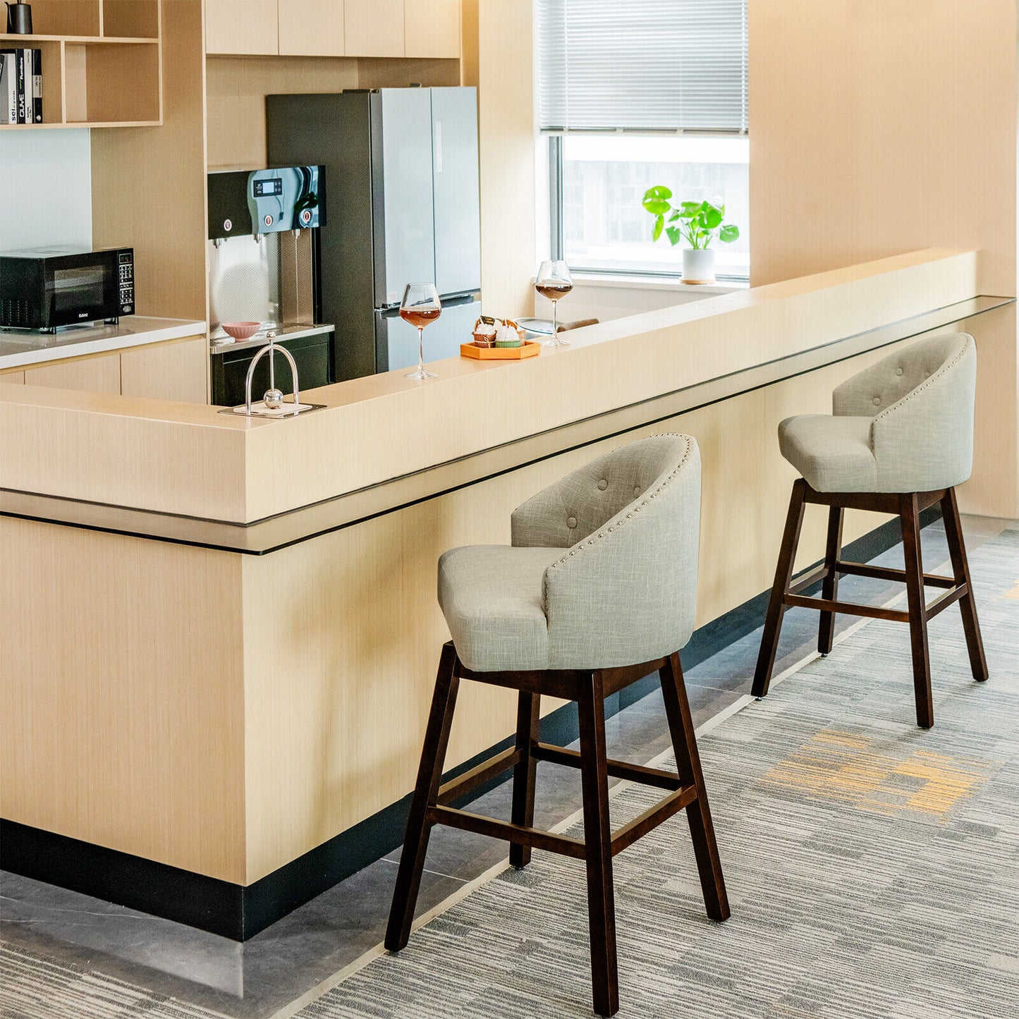 Set of 2 Swivel Bar Stools with Tufted Backrest and Rubber Wood Legs for Kitchen or Pub - Beige
