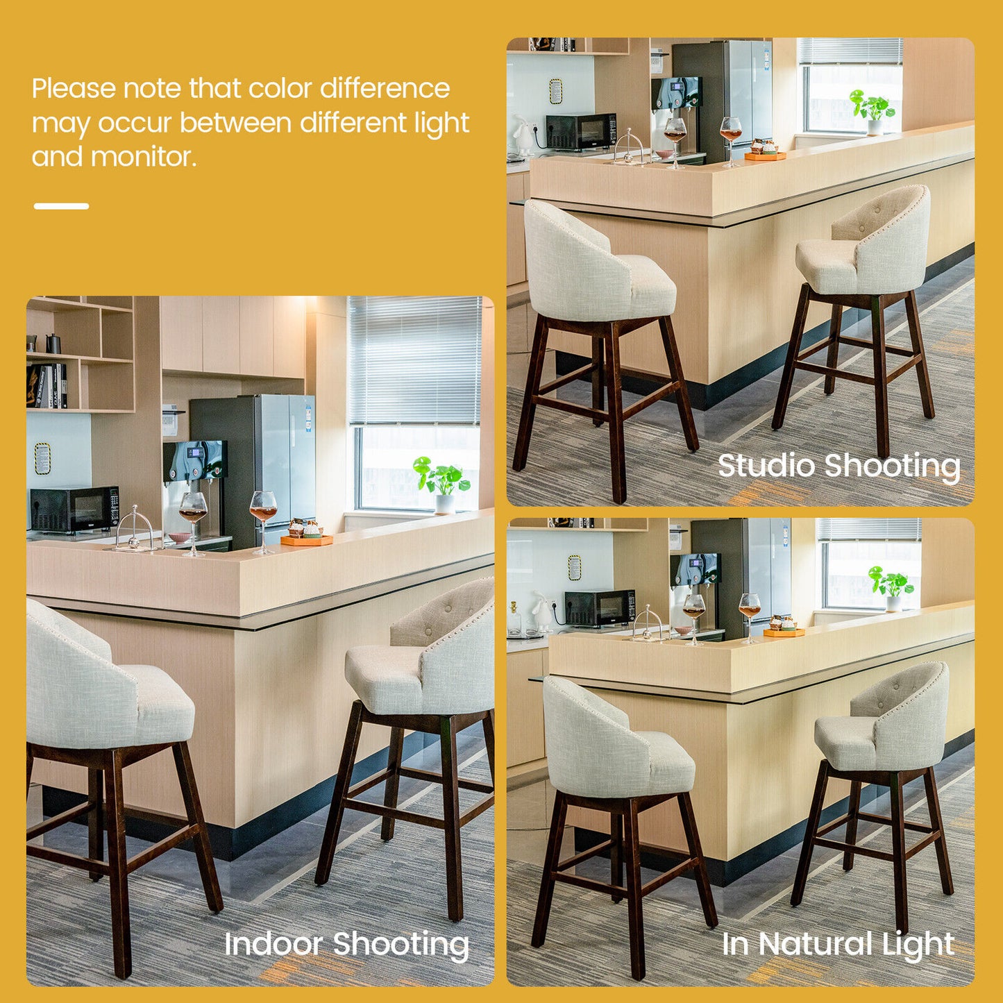 Set of 2 Swivel Bar Stools with Tufted Backrest and Rubber Wood Legs for Kitchen or Pub - Beige
