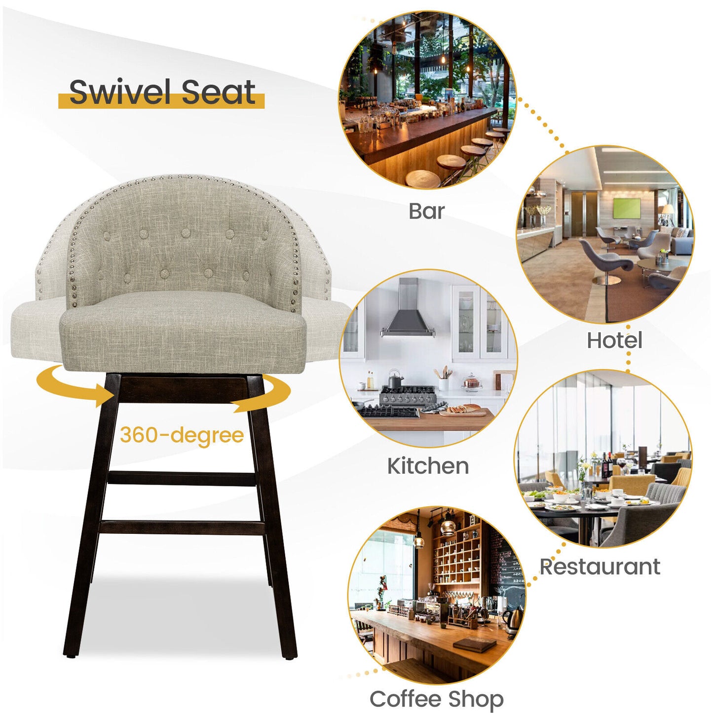 Set of 2 Swivel Bar Stools with Tufted Backrest and Rubber Wood Legs for Kitchen or Pub - Beige
