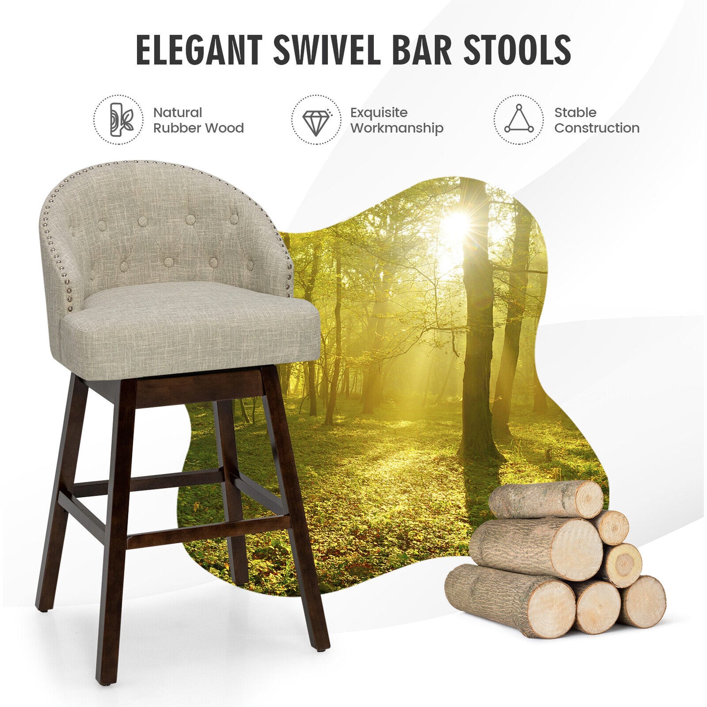 Set of 2 Swivel Bar Stools with Tufted Backrest and Rubber Wood Legs for Kitchen or Pub - Beige