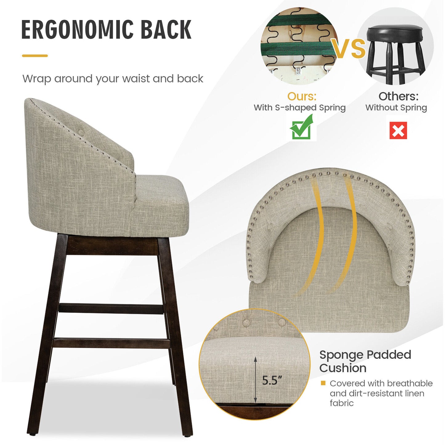 Set of 2 Swivel Bar Stools with Tufted Backrest and Rubber Wood Legs for Kitchen or Pub - Beige