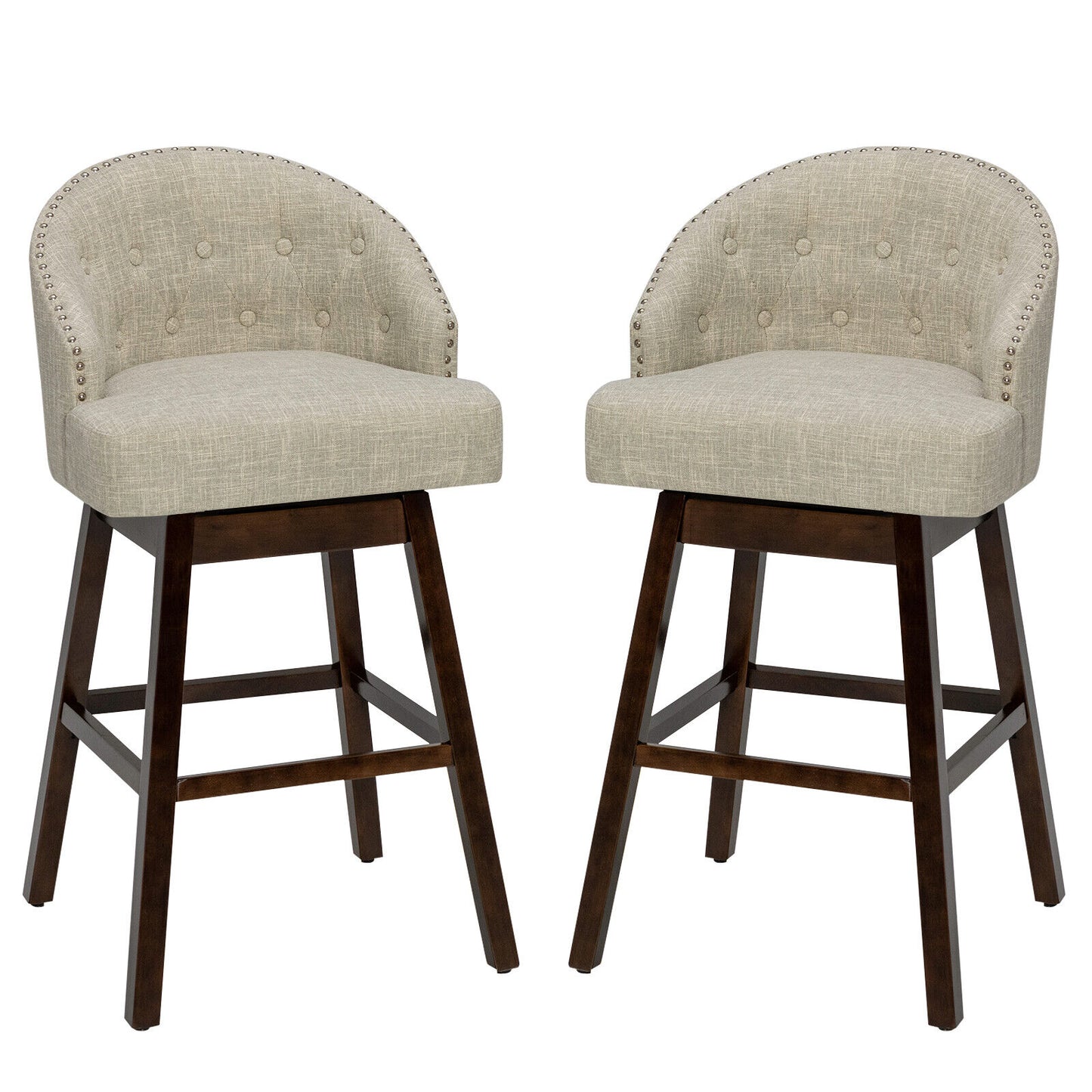 Set of 2 Swivel Bar Stools with Tufted Backrest and Rubber Wood Legs for Kitchen or Pub - Beige