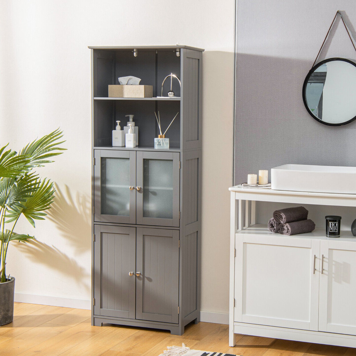 64” Tall Freestanding Storage Cabinet with 6 Tier Shelving & Adjustable Compartments