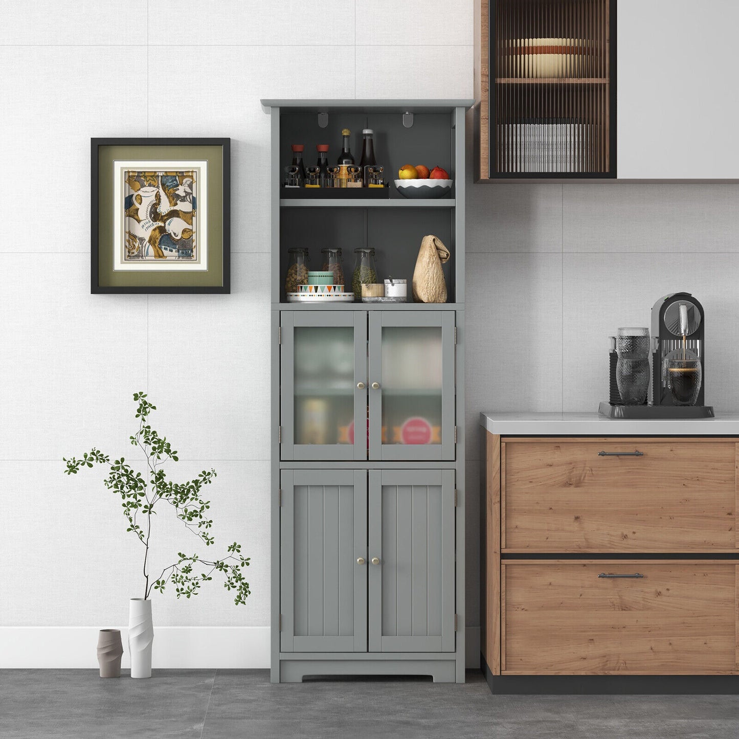 64” Tall Freestanding Storage Cabinet with 6 Tier Shelving & Adjustable Compartments