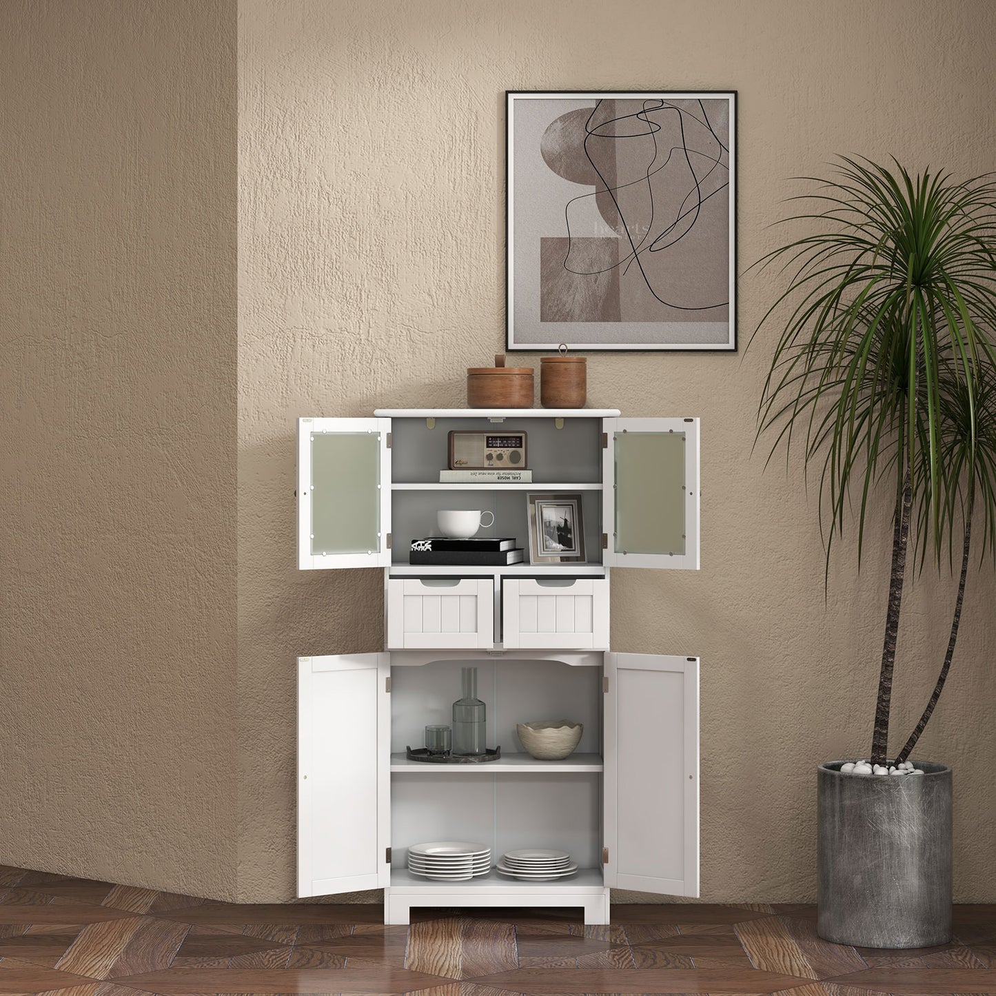 64” Tall Freestanding Storage Cabinet with 6 Tier Shelving & Adjustable Compartments