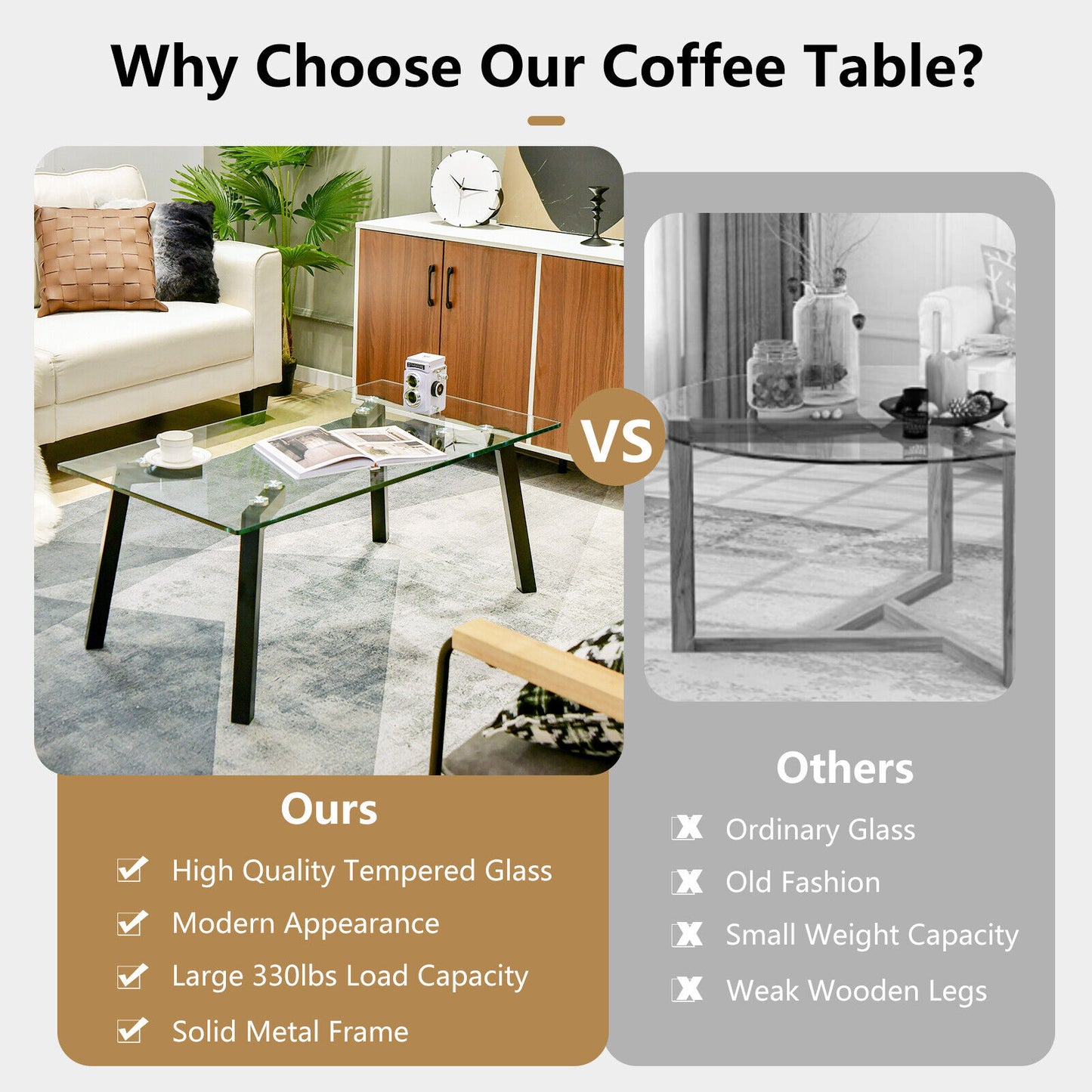 Tempered Glass Top Coffee Table with Stylish Black Metal Base