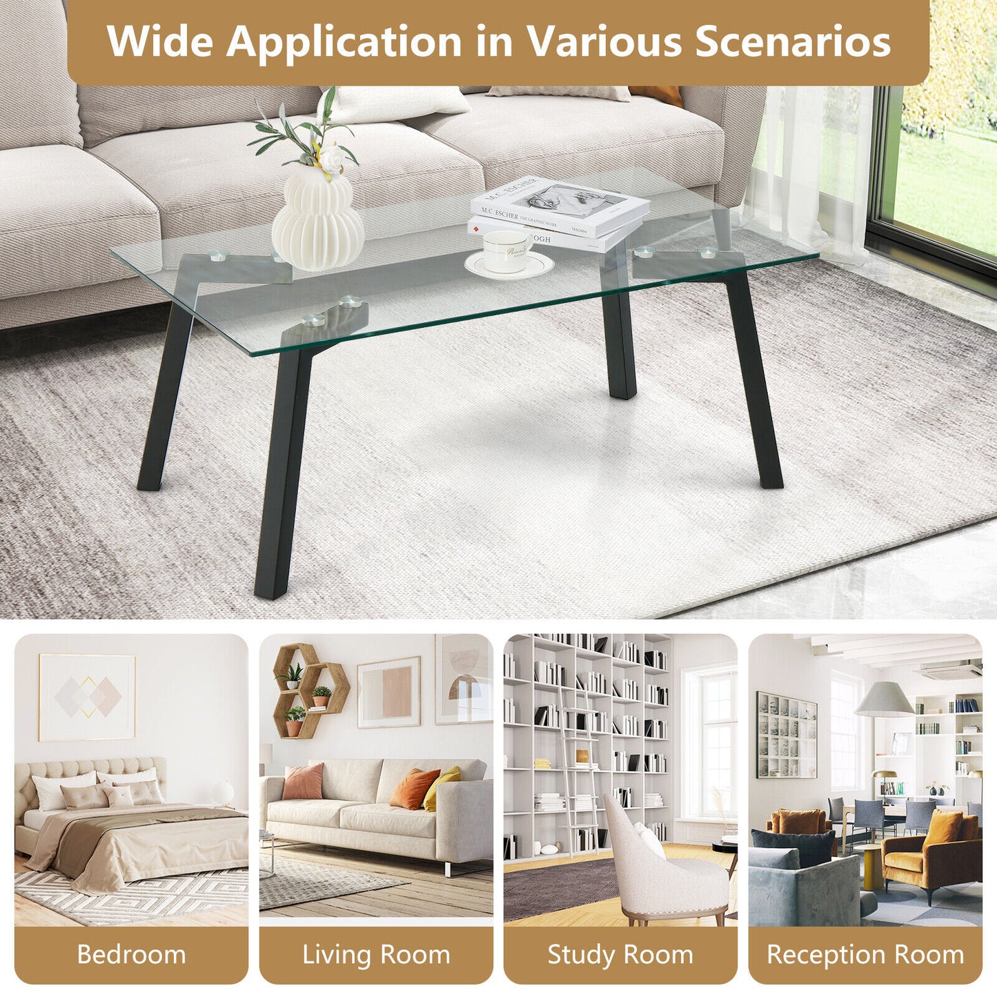 Tempered Glass Top Coffee Table with Stylish Black Metal Base