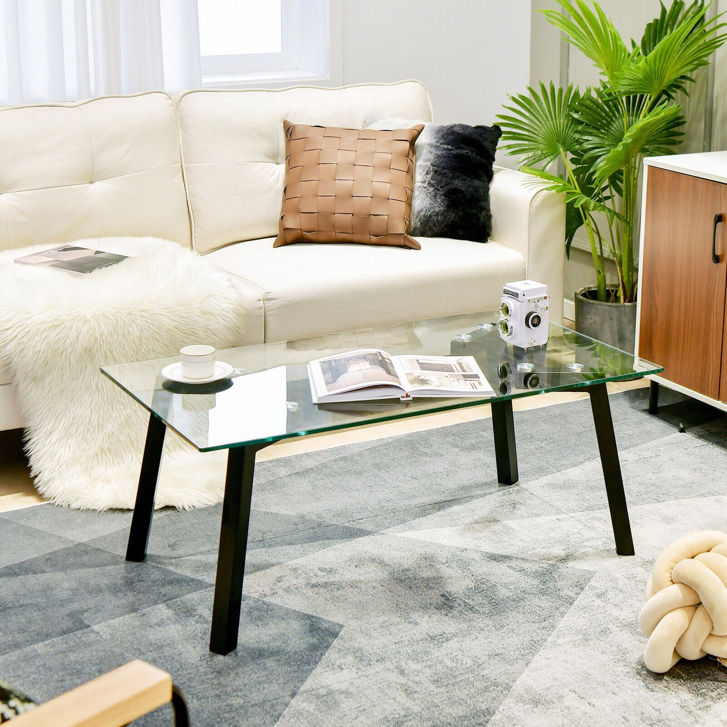 Tempered Glass Top Coffee Table with Stylish Black Metal Base