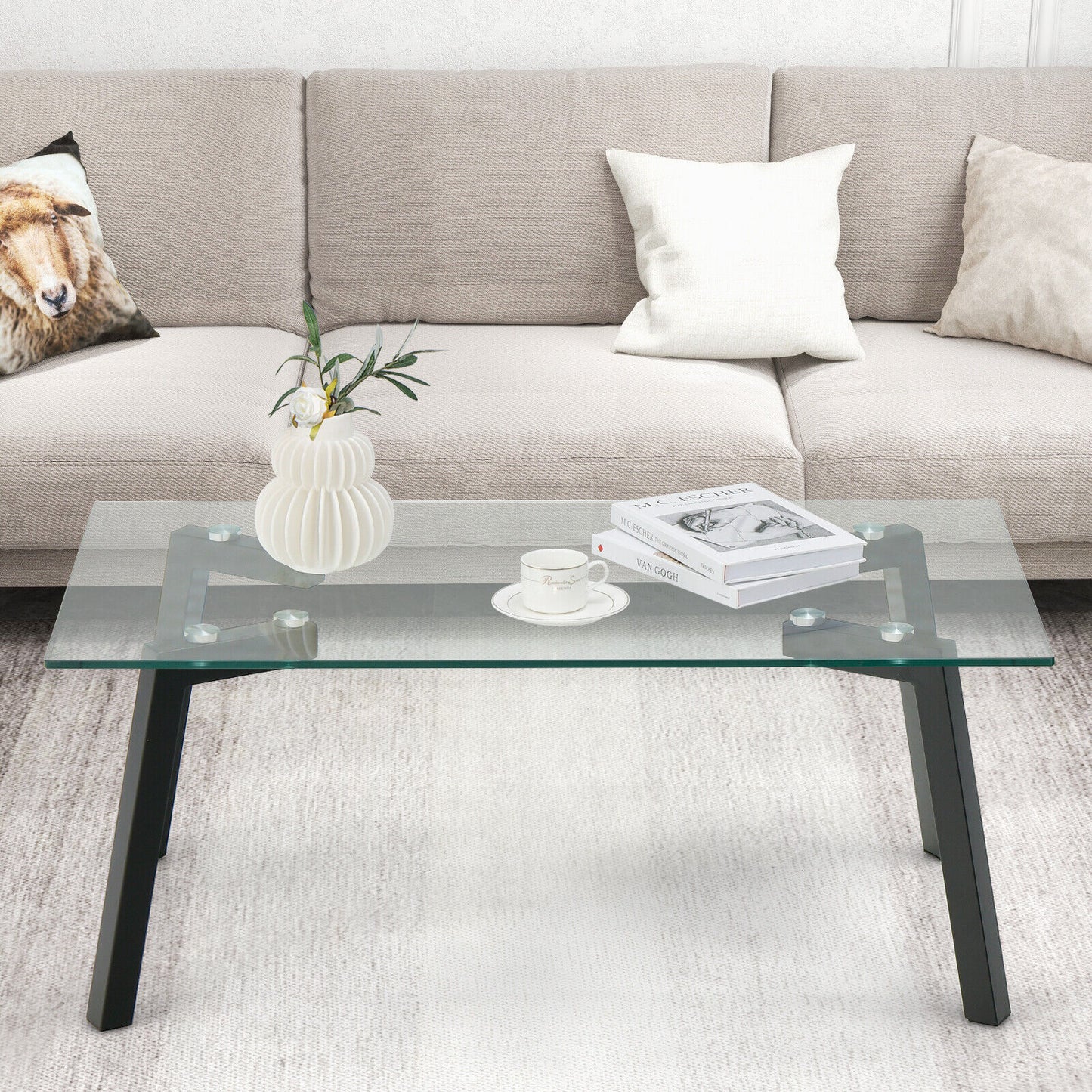 Tempered Glass Top Coffee Table with Stylish Black Metal Base