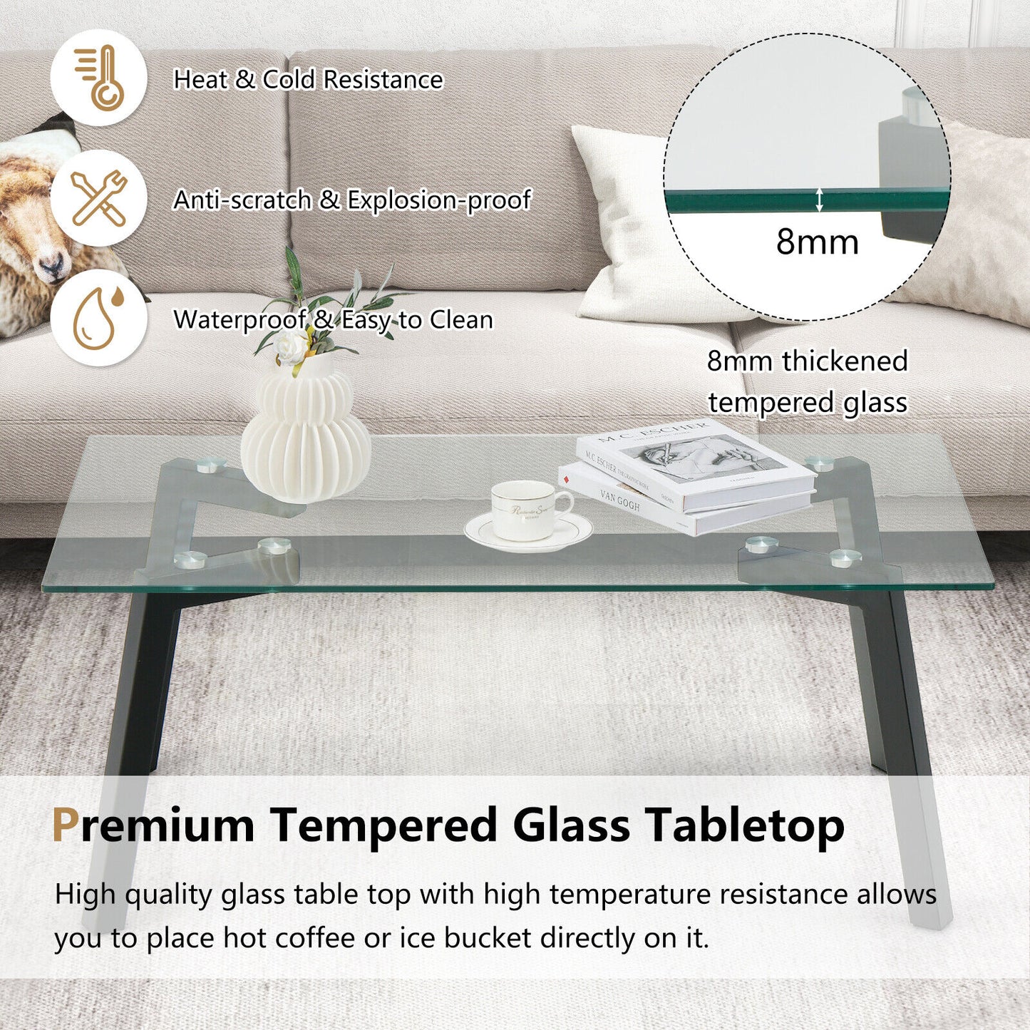 Tempered Glass Top Coffee Table with Stylish Black Metal Base