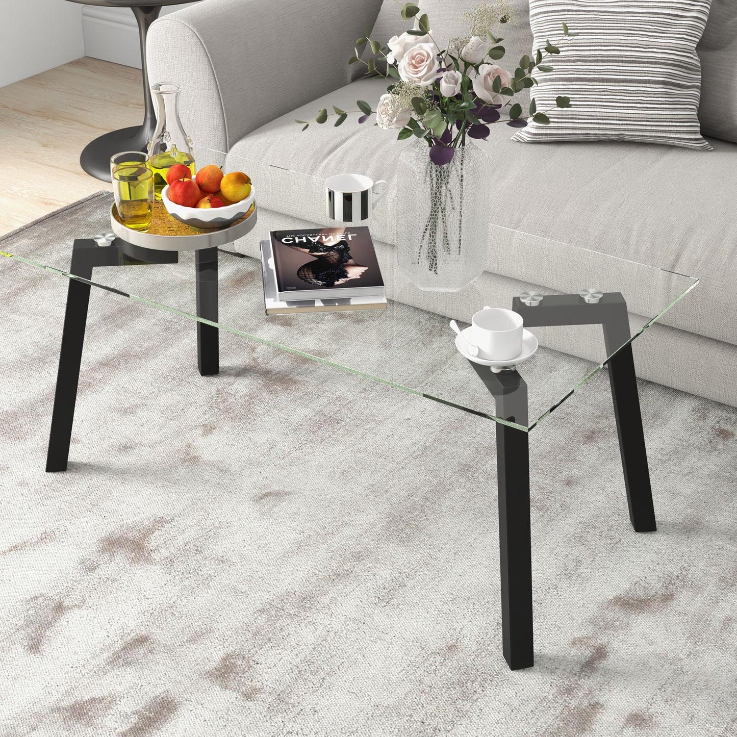 Tempered Glass Top Coffee Table with Stylish Black Metal Base