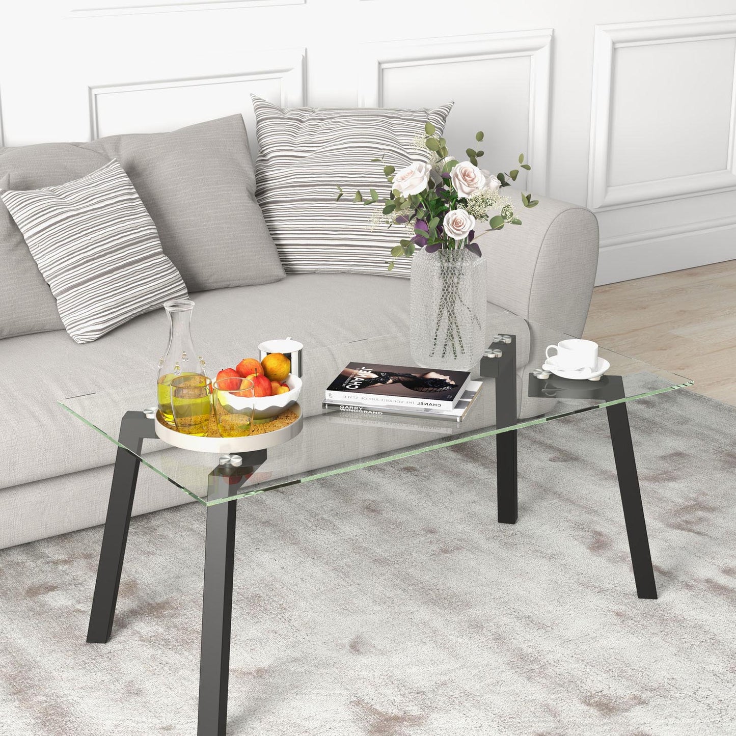 Tempered Glass Top Coffee Table with Stylish Black Metal Base