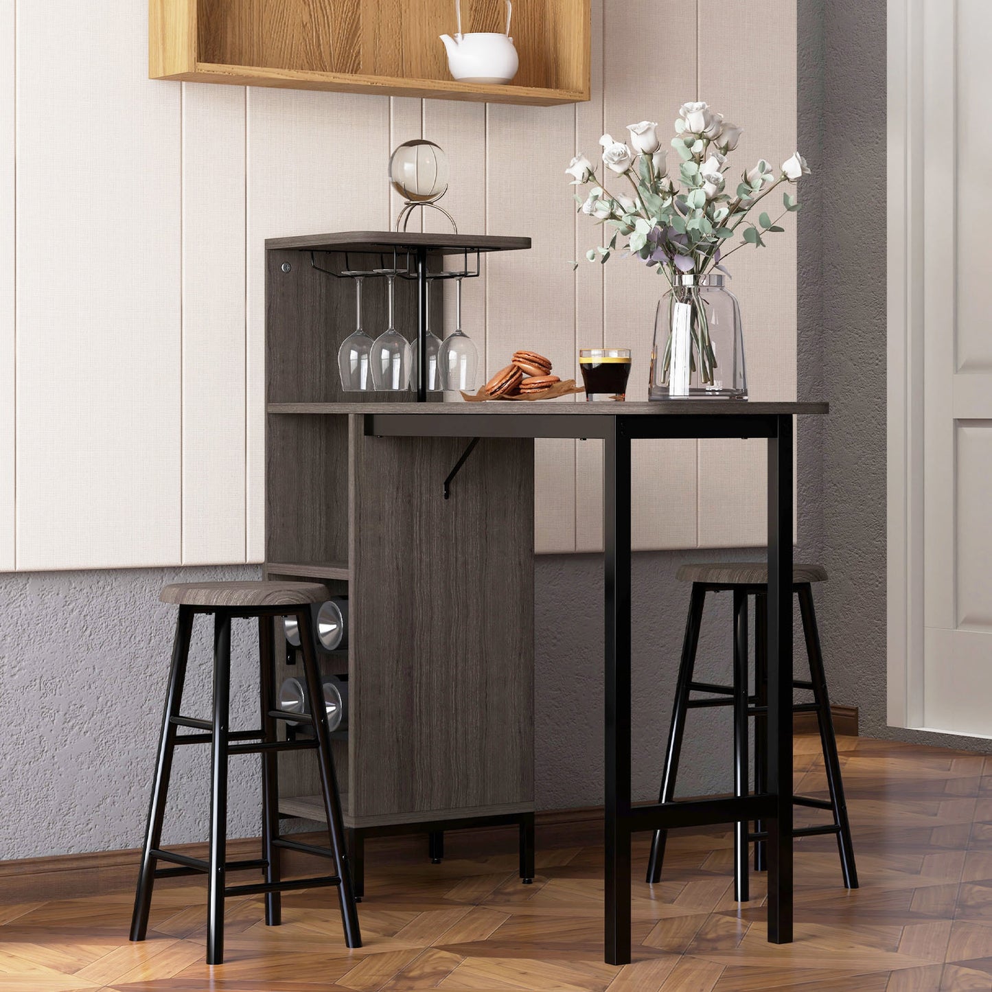 3 Piece Bar Table Set with 2 Chairs and 6 Bottle Wine Storage Rack