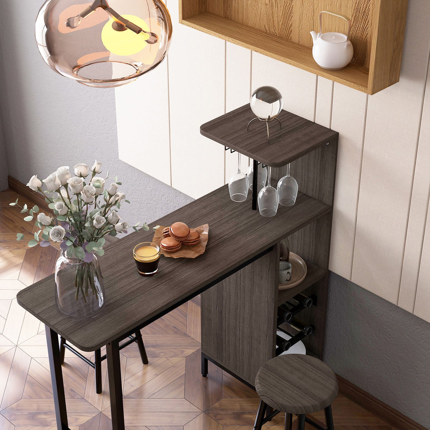 3 Piece Bar Table Set with 2 Chairs and 6 Bottle Wine Storage Rack