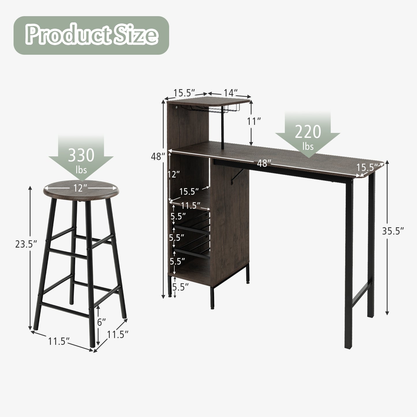 3 Piece Bar Table Set with 2 Chairs and 6 Bottle Wine Storage Rack