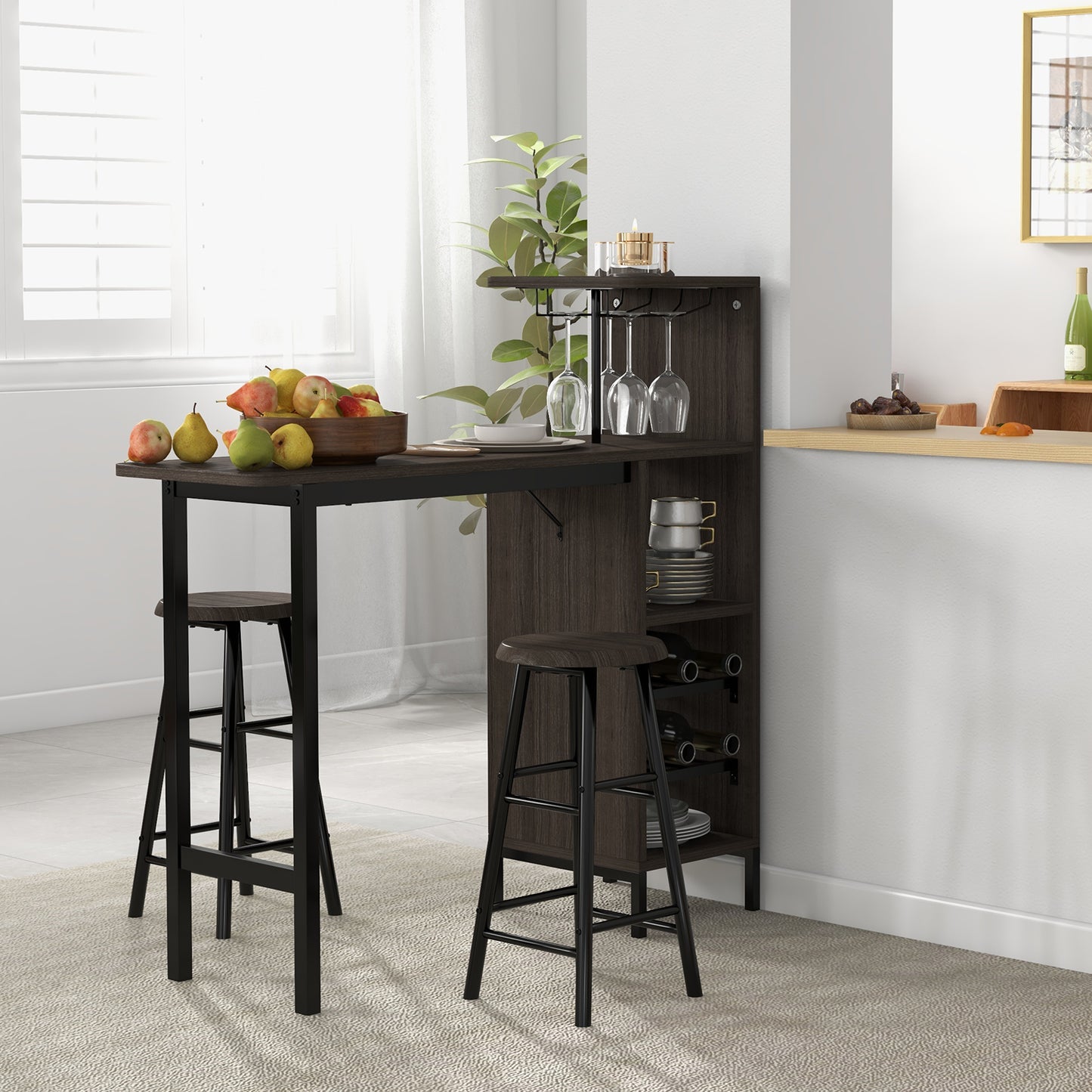 3 Piece Bar Table Set with 2 Chairs and 6 Bottle Wine Storage Rack