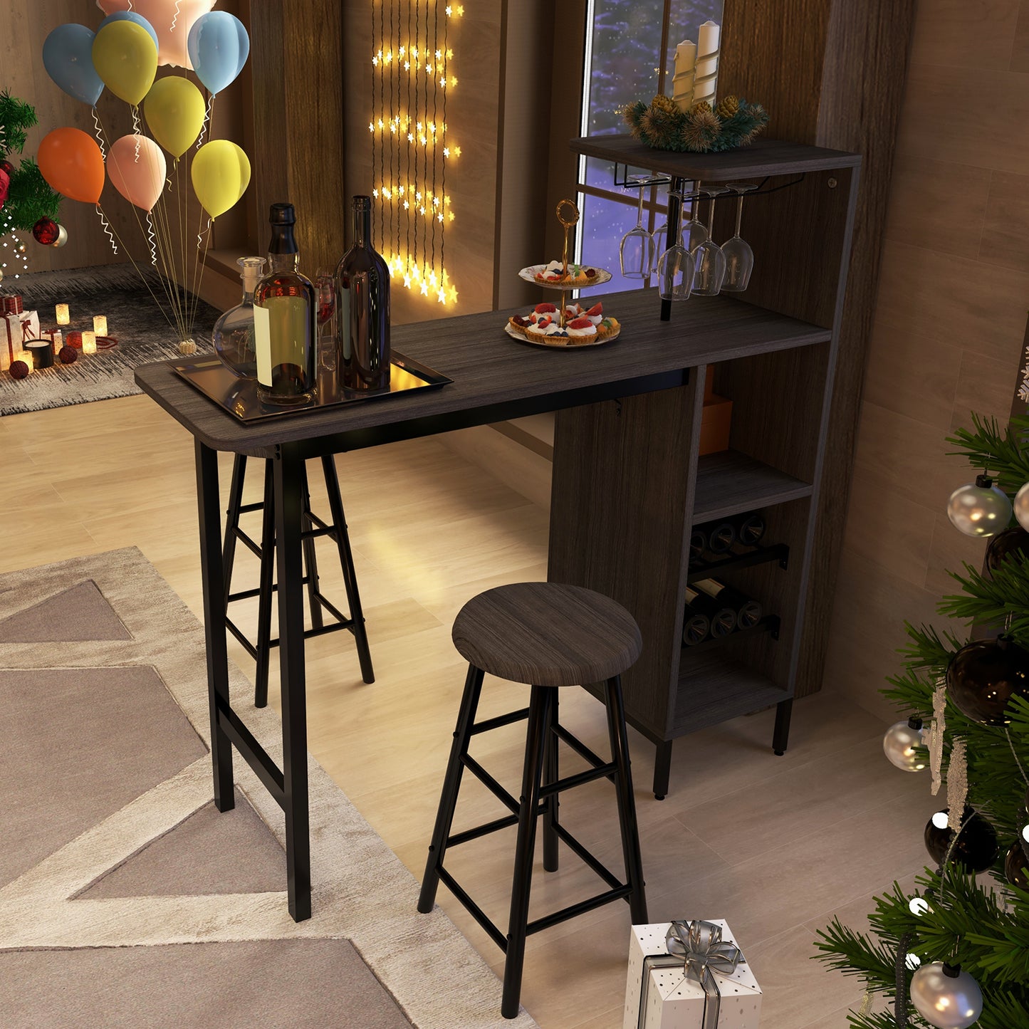 3 Piece Bar Table Set with 2 Chairs and 6 Bottle Wine Storage Rack