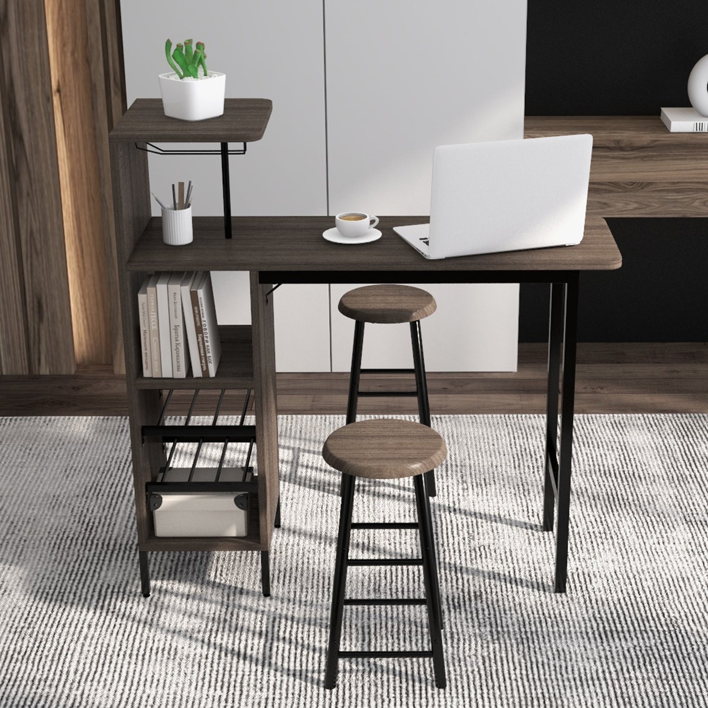 3 Piece Bar Table Set with 2 Chairs and 6 Bottle Wine Storage Rack