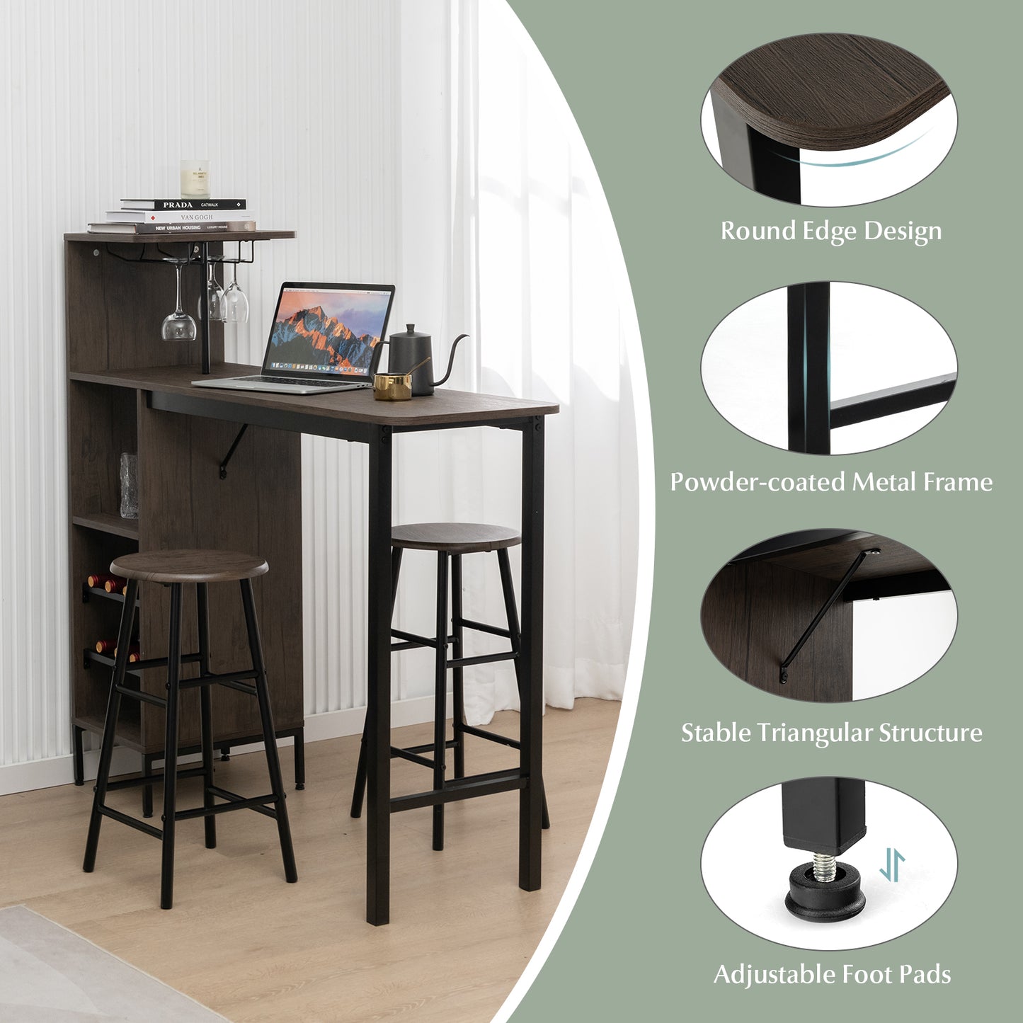 Dark wood bar height table with stools in a room setting, featuring round edge design, powder-coated metal frame, stable triangular structure, and adjustable foot pads.
