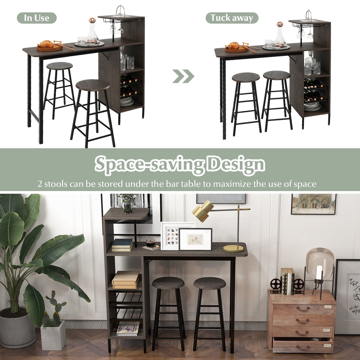 3 Piece Bar Table Set with 2 Chairs and 6 Bottle Wine Storage Rack