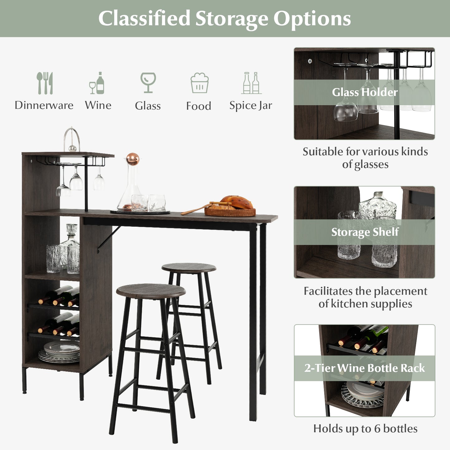 3 Piece Bar Table Set with 2 Chairs and 6 Bottle Wine Storage Rack
