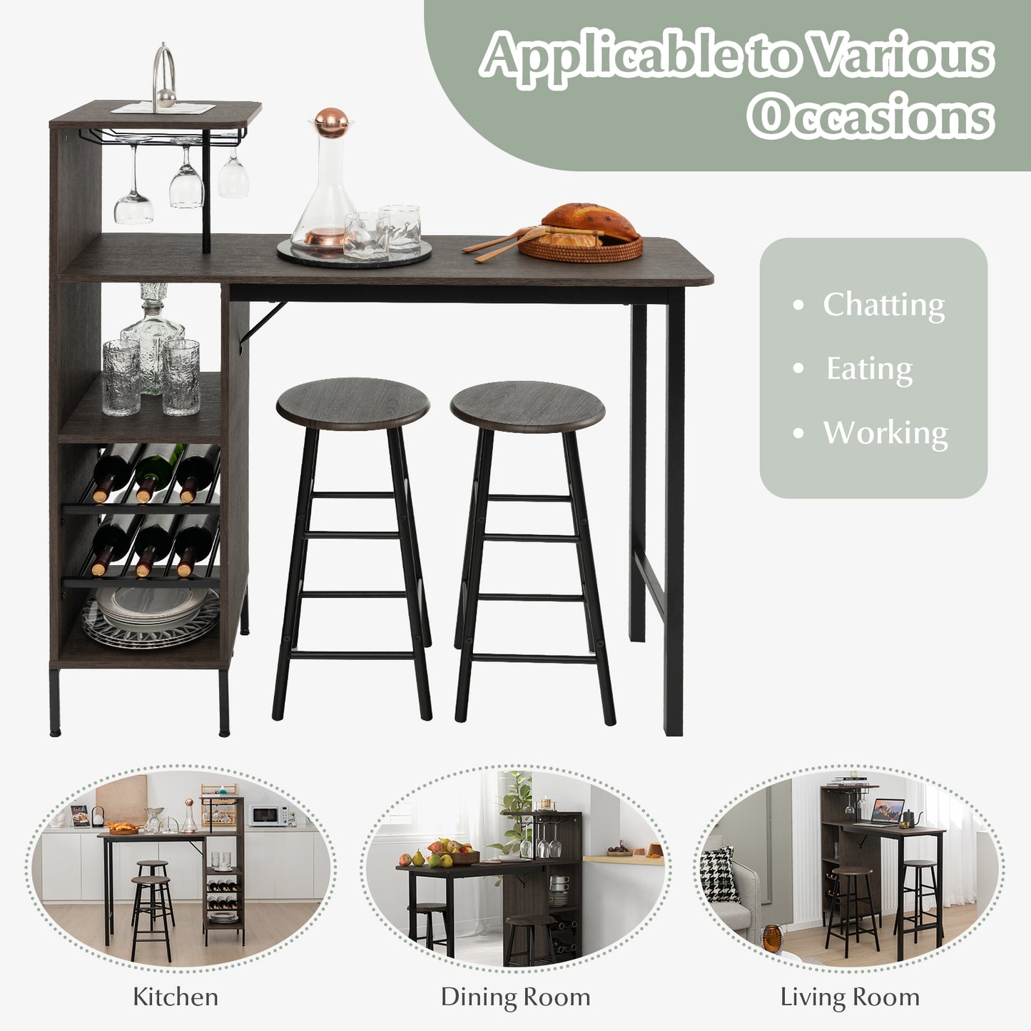 3 Piece Bar Table Set with 2 Chairs and 6 Bottle Wine Storage Rack