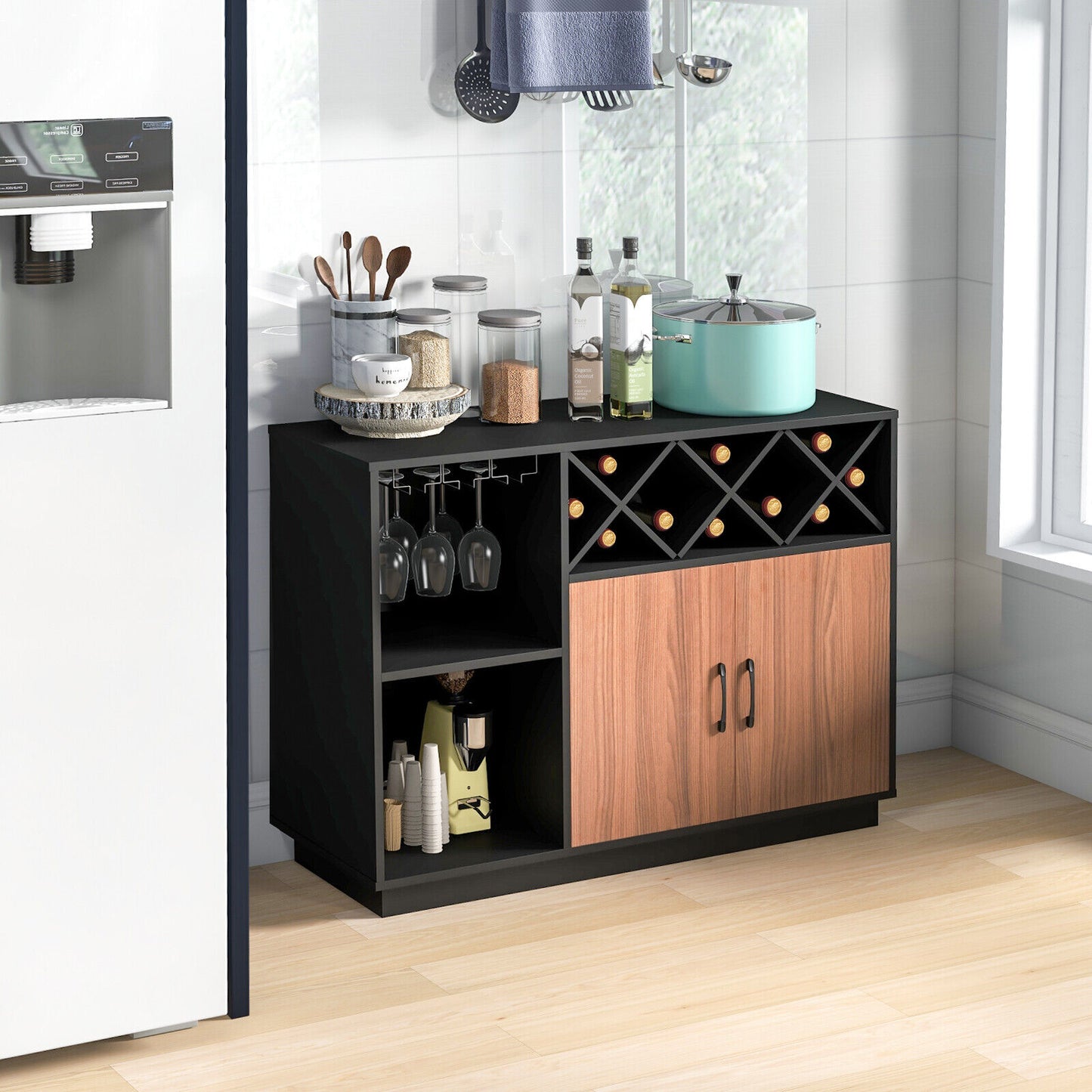 Industrial Style Sideboard Cabinet with Removable Wine Rack and Glass Holder Storage