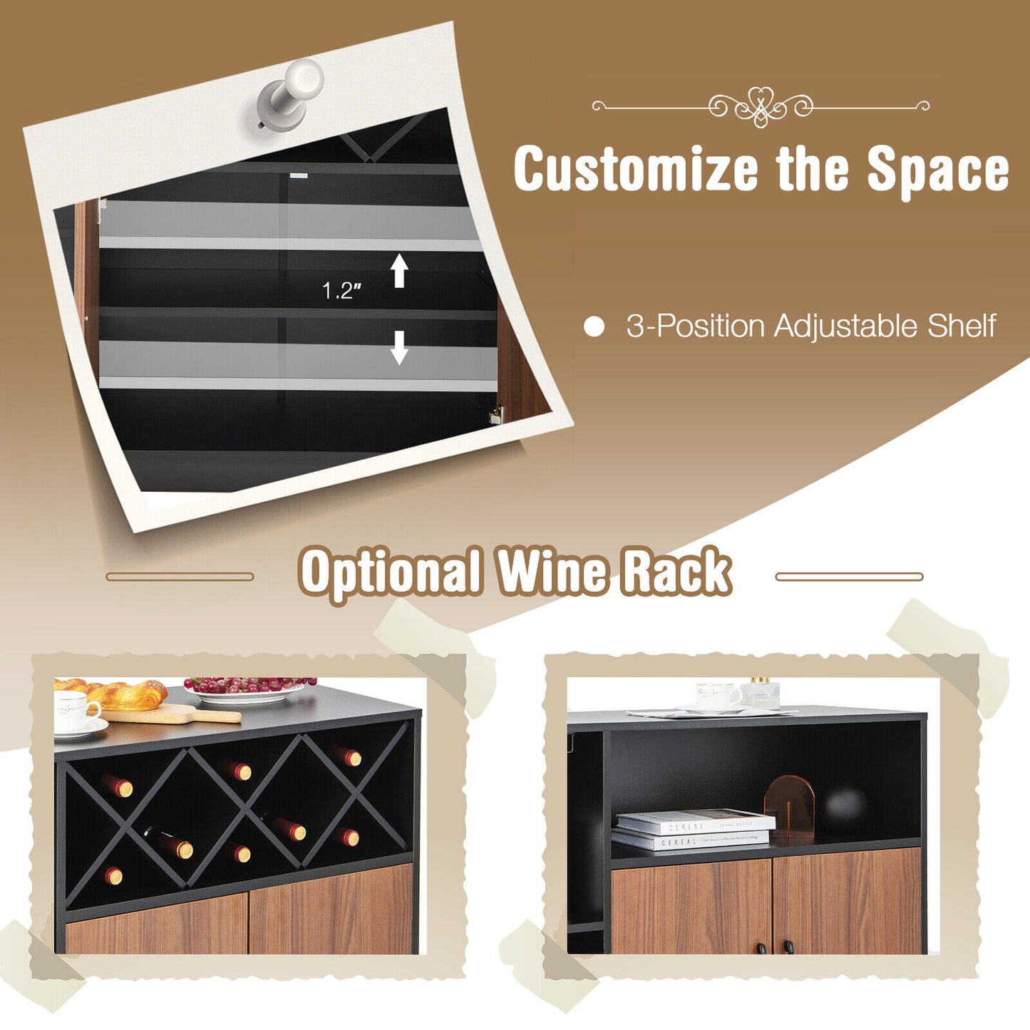 Industrial Style Sideboard Cabinet with Removable Wine Rack and Glass Holder Storage