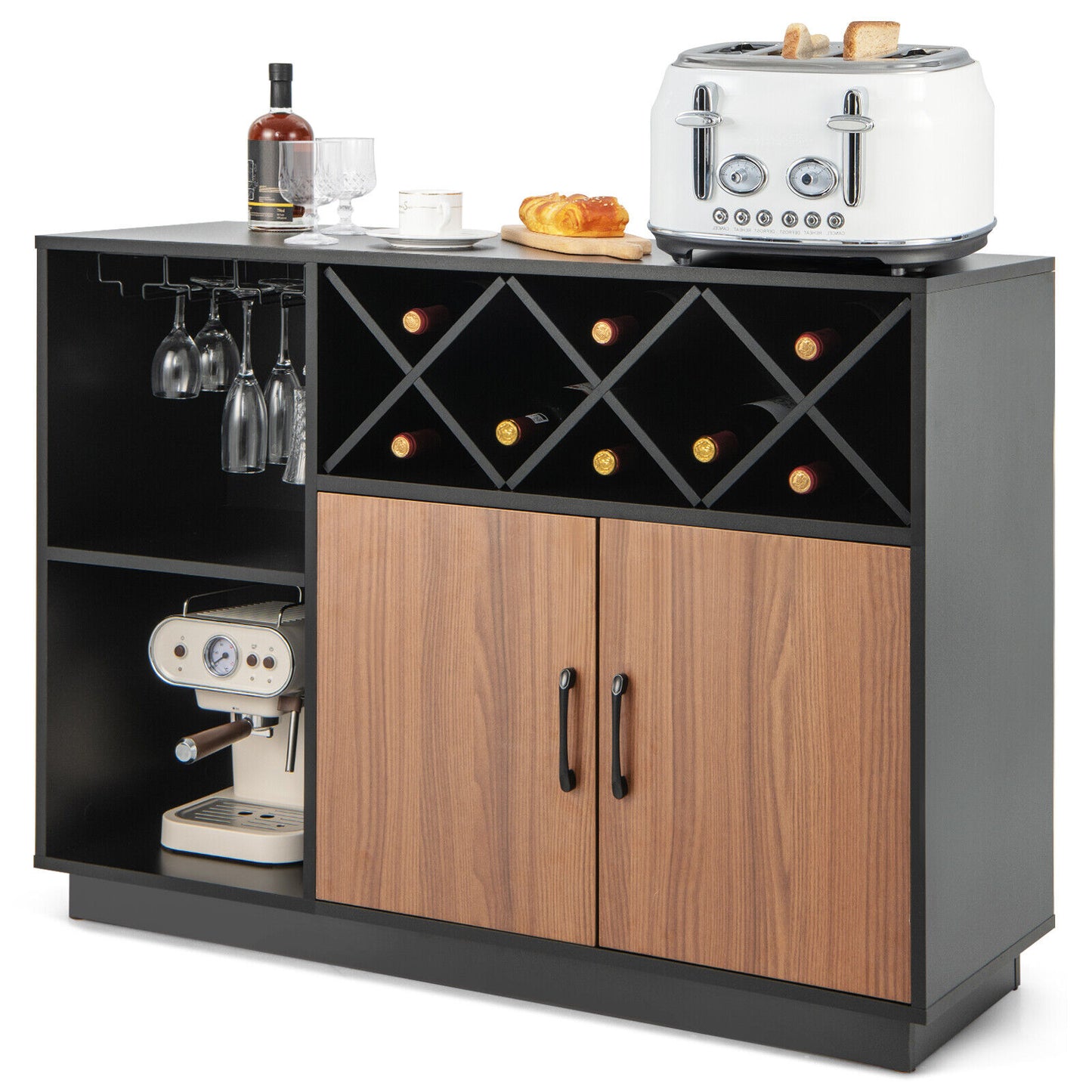 Industrial Style Sideboard Cabinet with Removable Wine Rack and Glass Holder Storage