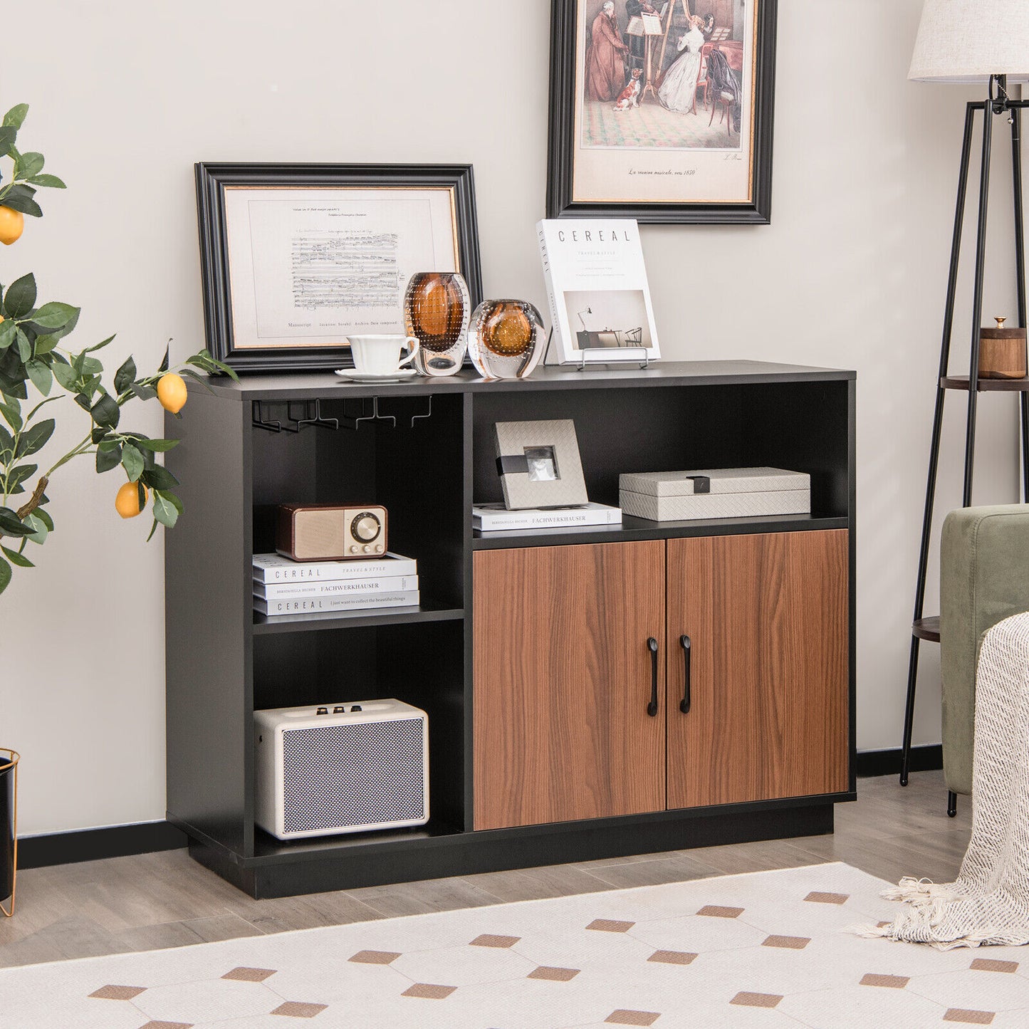 Industrial Style Sideboard Cabinet with Removable Wine Rack and Glass Holder Storage